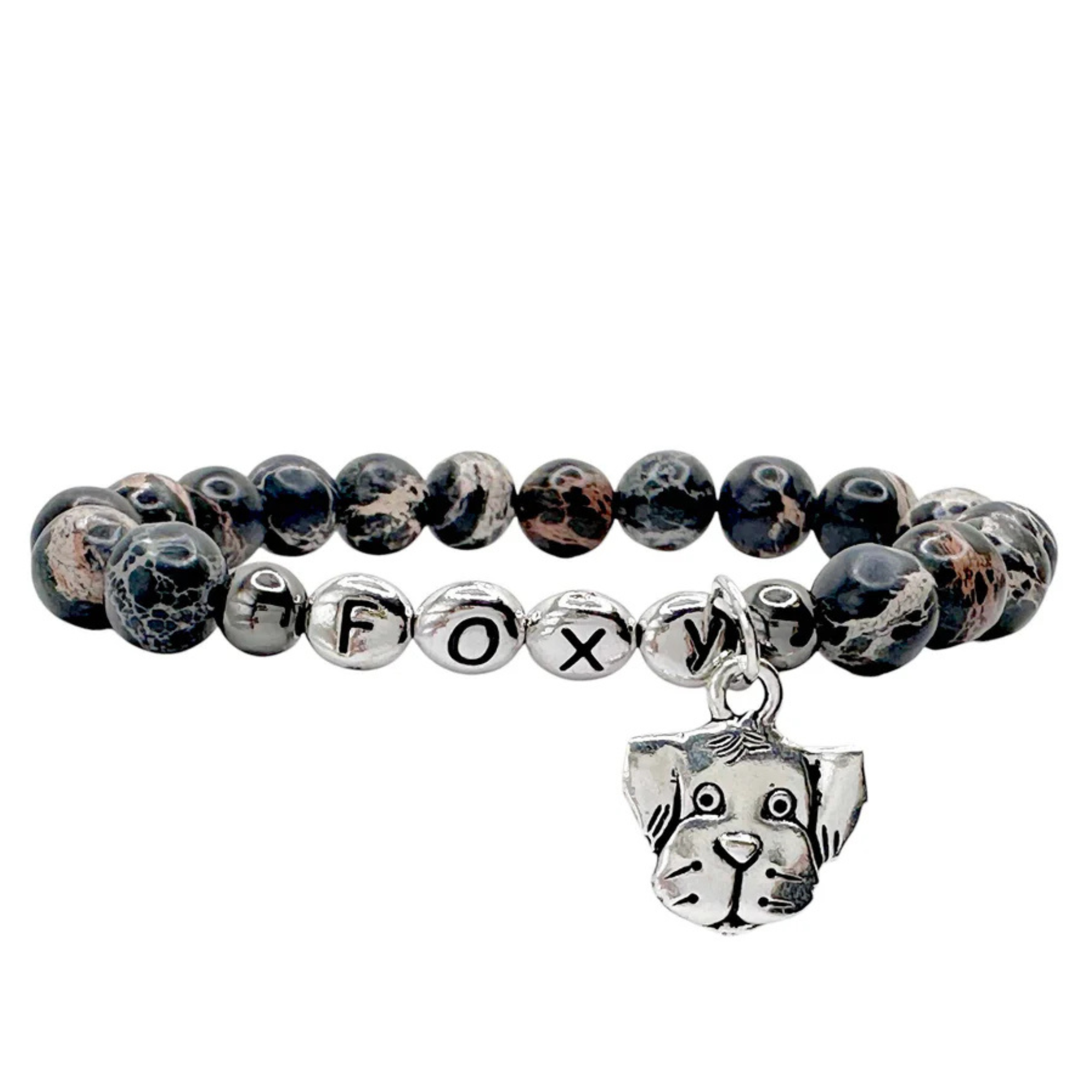 Personalized Carrie Dog Lover Bracelet by Love Lisa X Lets Bag It with engraved dog paw and heart charms on a silver bracelet.