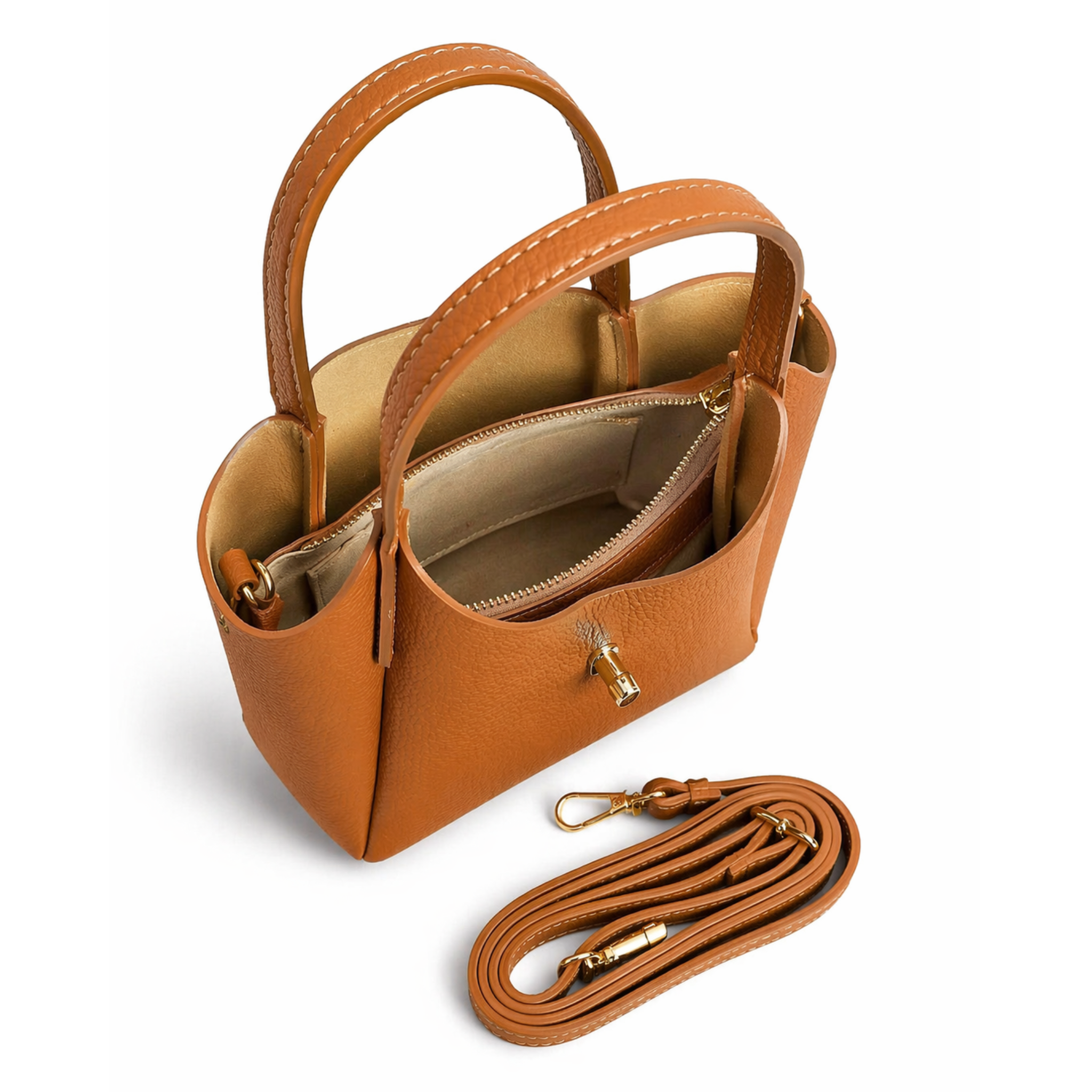 Private Vendor Geneva Mini Bucket Bag in leather, featuring a compact design with a drawstring closure and stylish shoulder strap.