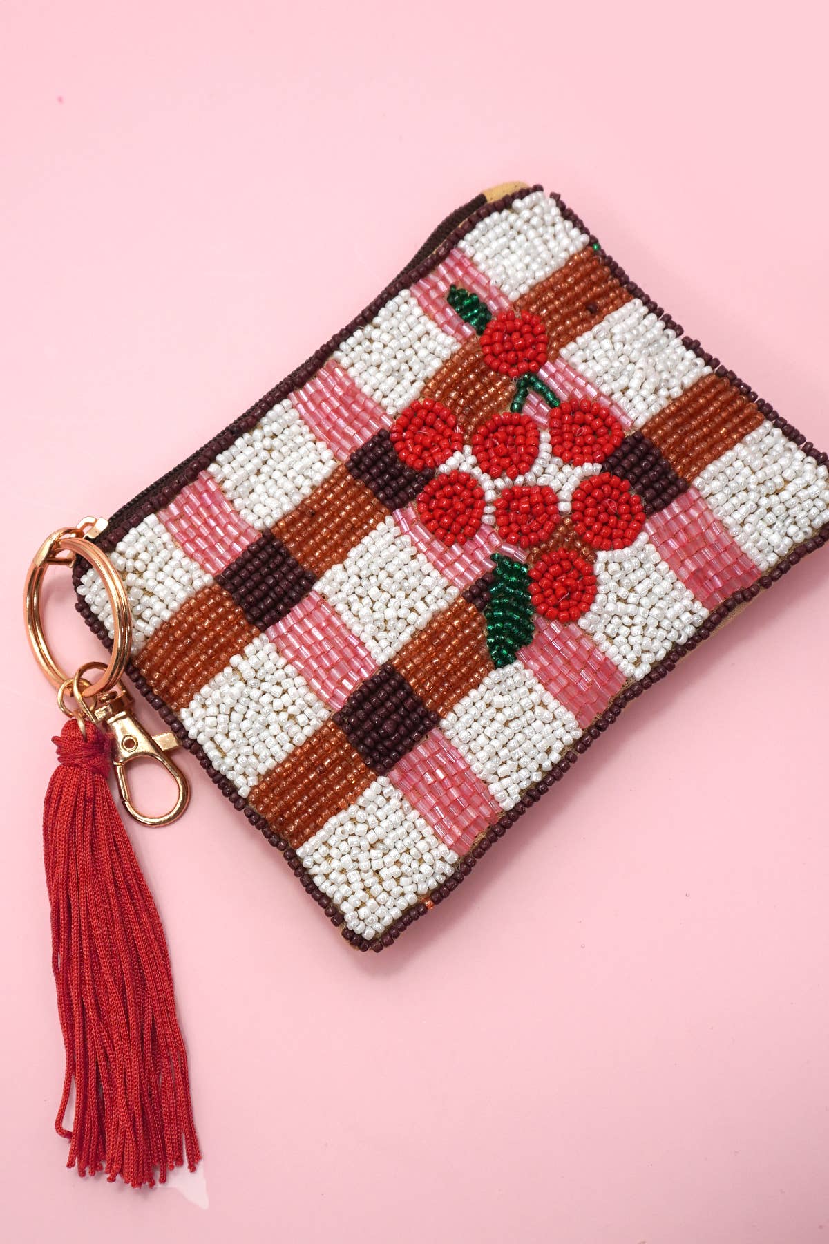 Checkered Cherry Seed Bead Coin Purse in black and red with seed bead detailing, compact coin pouch for small essentials.
