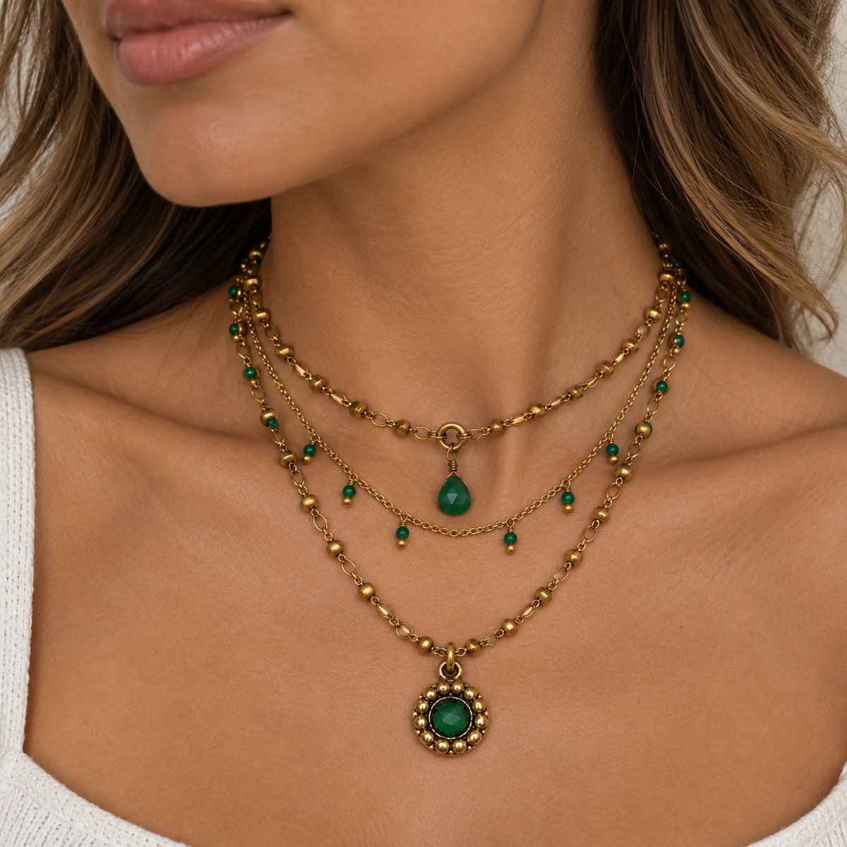 Delicate triple layered pendant drop necklace on beaded and brass rosary chains by Lock and Key, showcasing intricate jewelry design.