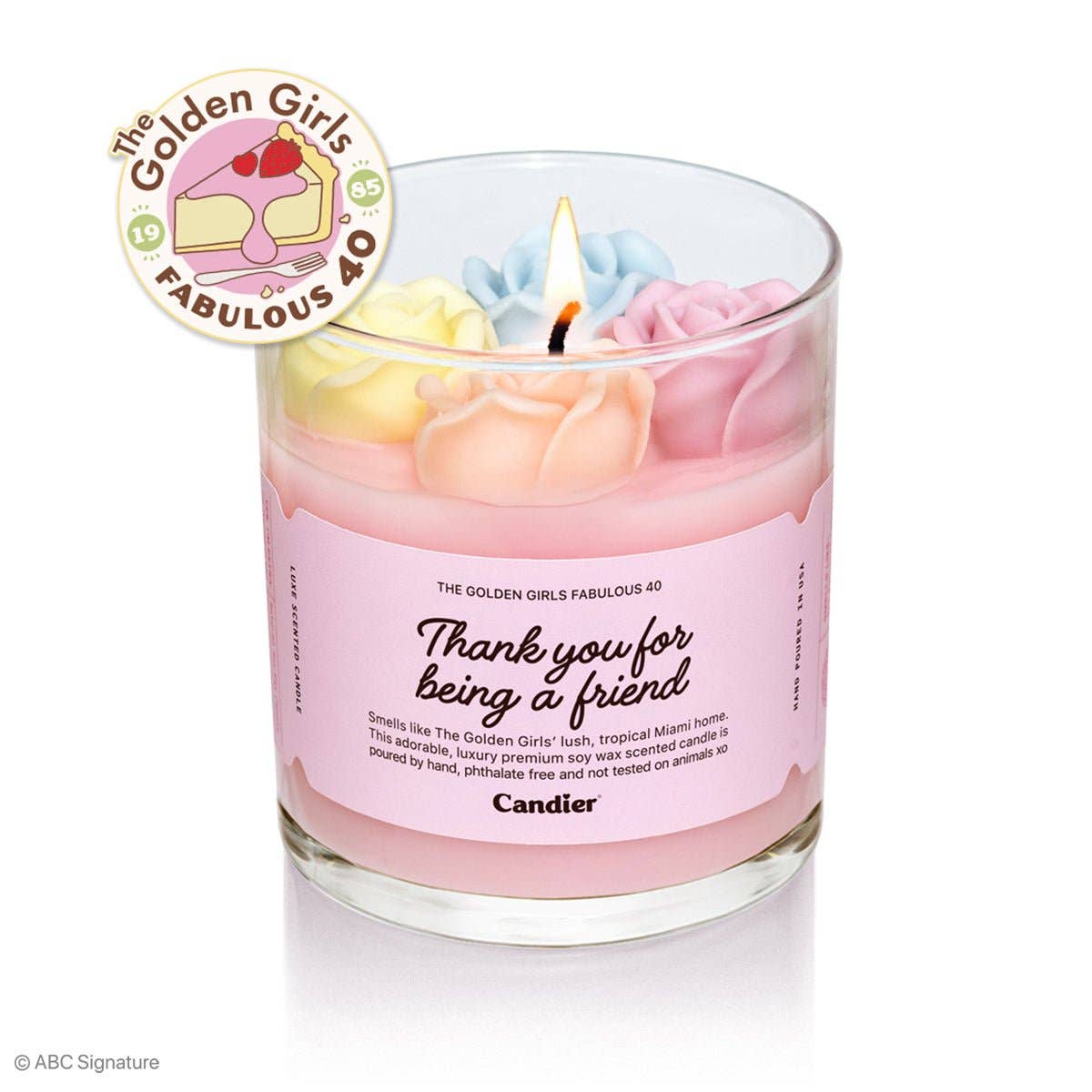 Candier Golden Girls flower candle with a decorative floral design, perfect for home decor and ambiance.