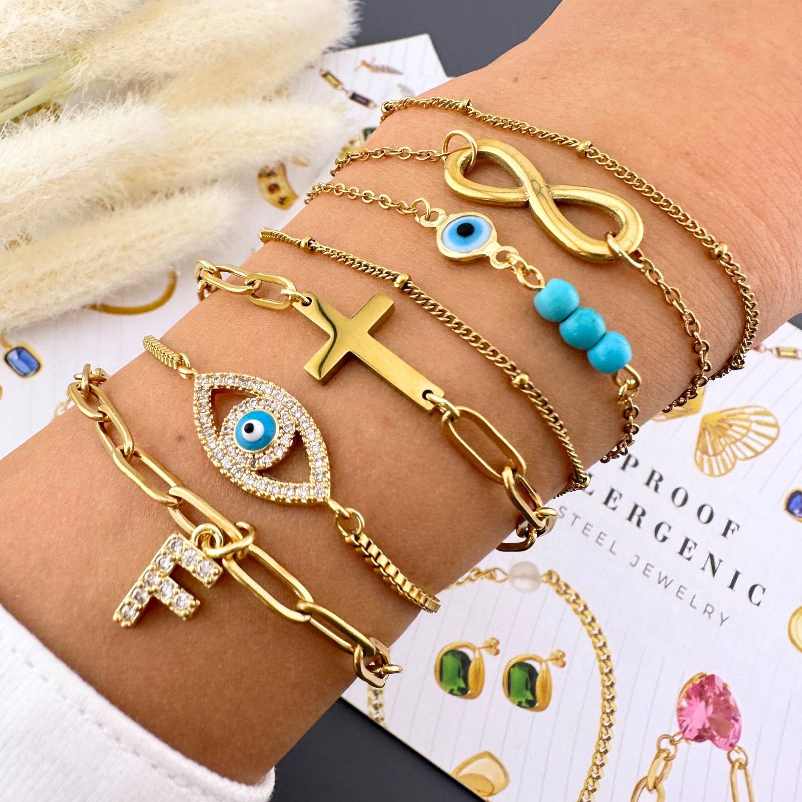 Dainty Single Evil Eye Bracelet, 18K Gold Plated Steel