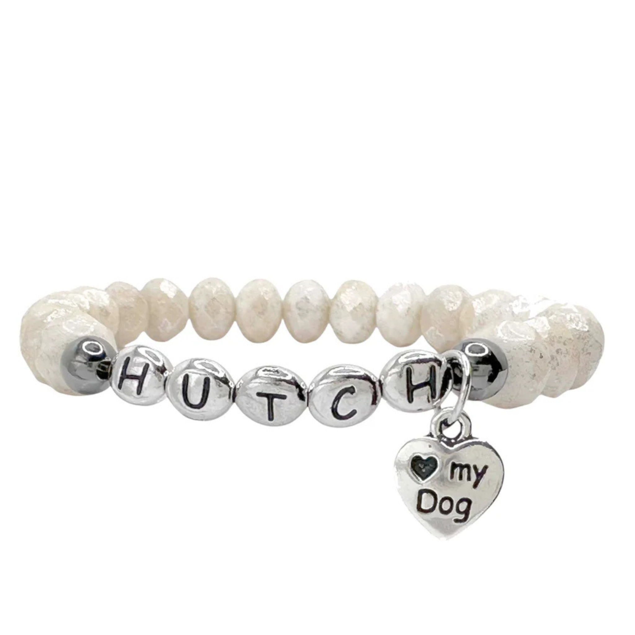 Personalized Carrie Dog Lover Bracelet by Love Lisa X Lets Bag It featuring engraved dog paw and heart charms on a silver bracelet.