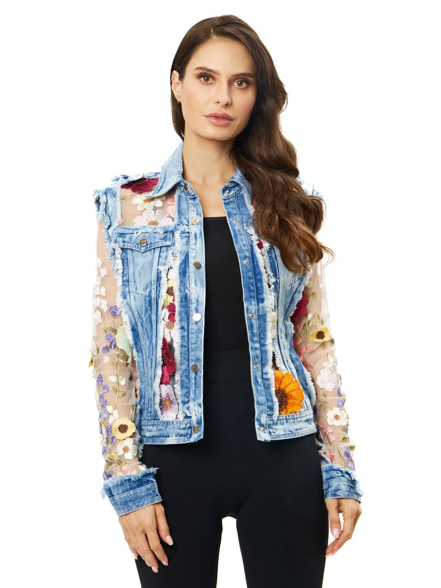 Denim lace jacket by ADORE featuring floral embroidery and intricate lace detailing on the sleeves and hem.