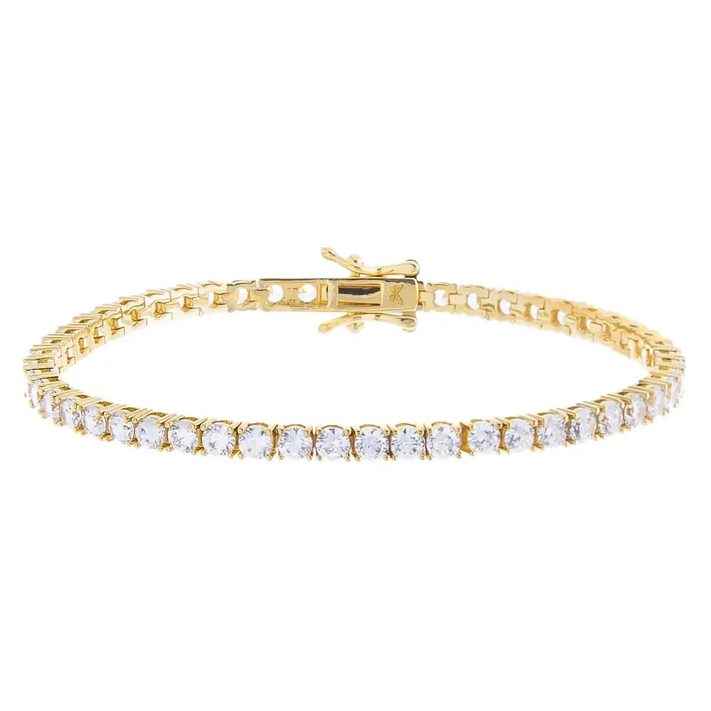 Sterling silver platinum tennis bracelet with 6.5-inch length and 3mm width, featuring a sleek, polished design.