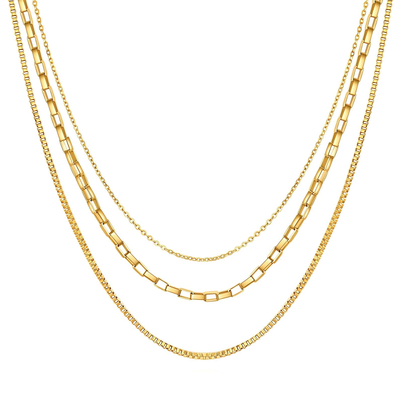 Triple layer necklace featuring 18K gold plated steel, showcasing elegant design and layered chains.