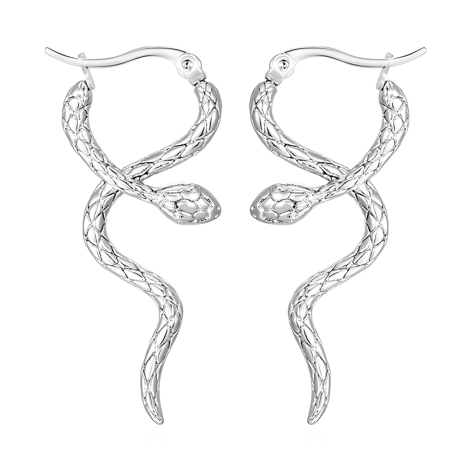 Stainless steel snake earrings showcasing intricate design and sleek finish, perfect for a stylish accessory.