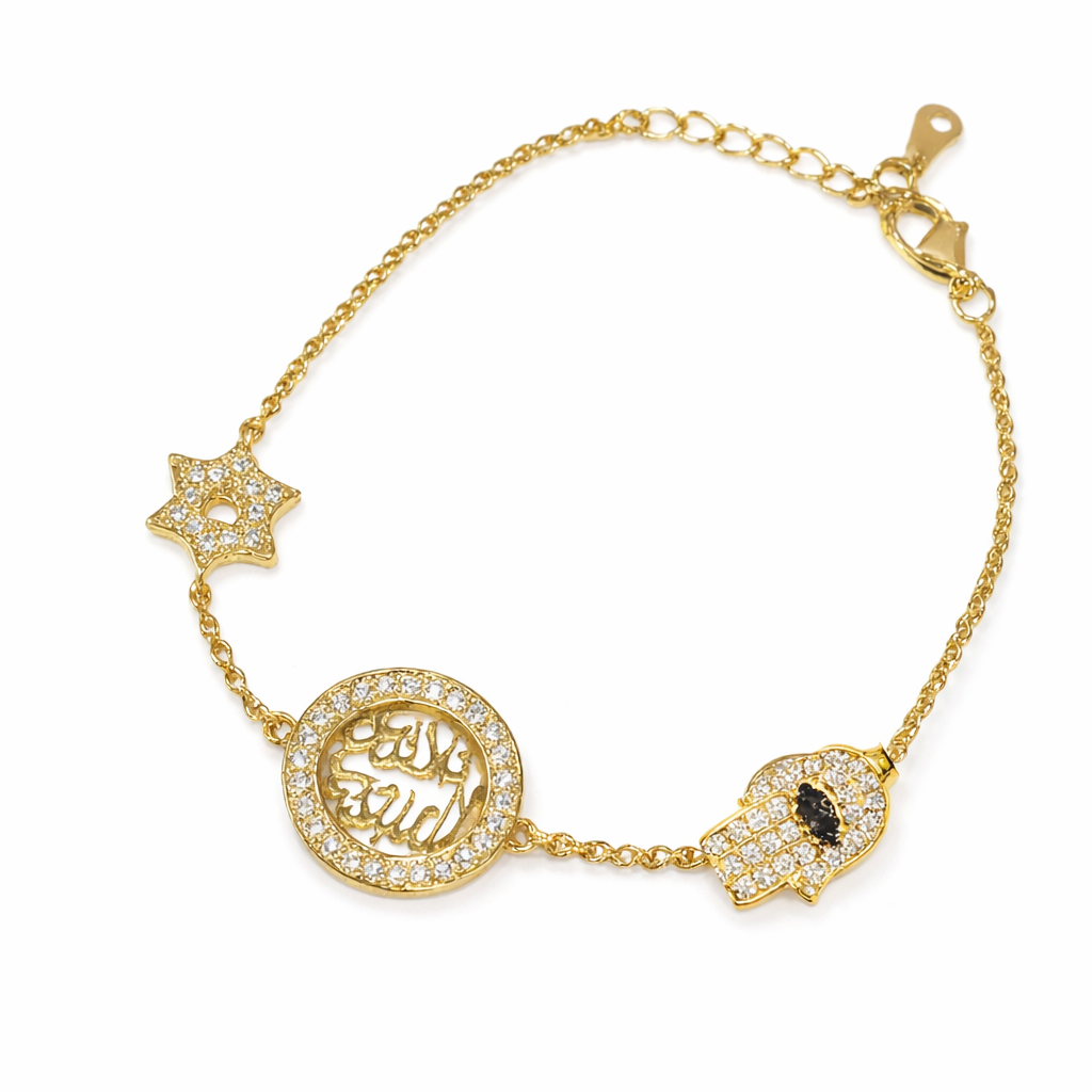 Dainty religious bracelet with delicate design, featuring symbolic charms, on a neutral background. Private Label jewelry.