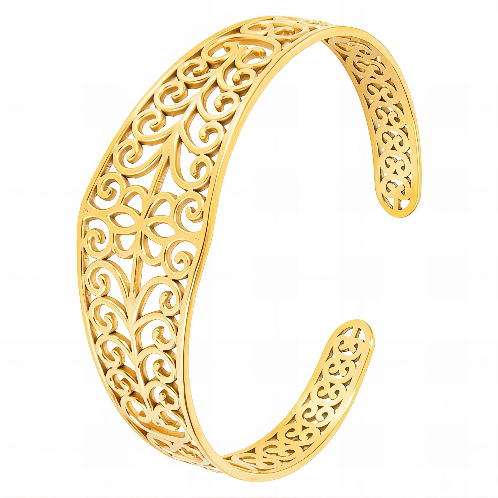 18K gold plated steel swirl cuff bracelet with a sleek, modern design, showcasing its elegant curves and polished finish.