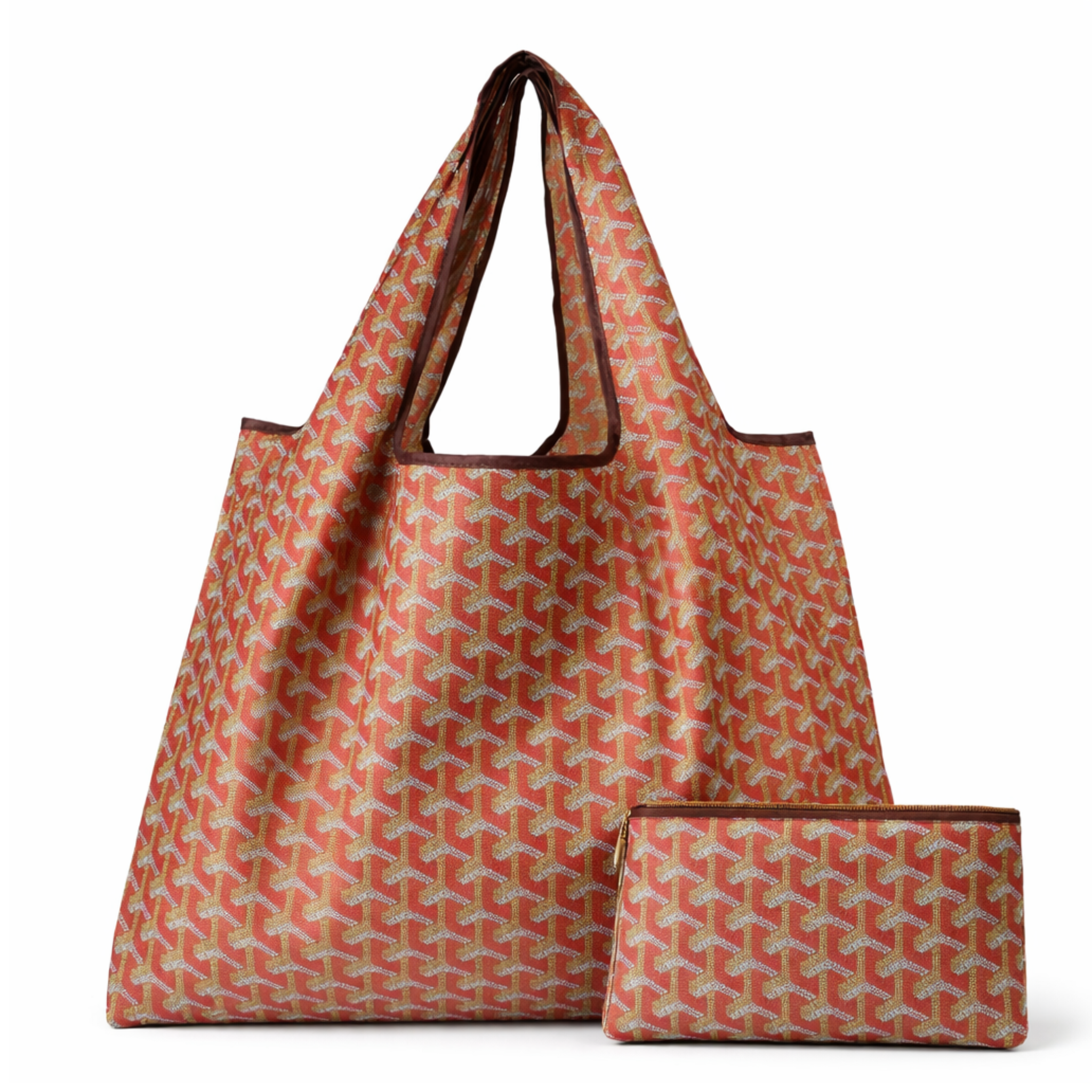 Chevron eco-friendly nylon tote bag by private label, foldable and reusable with a stylish chevron pattern, compact for easy carrying.