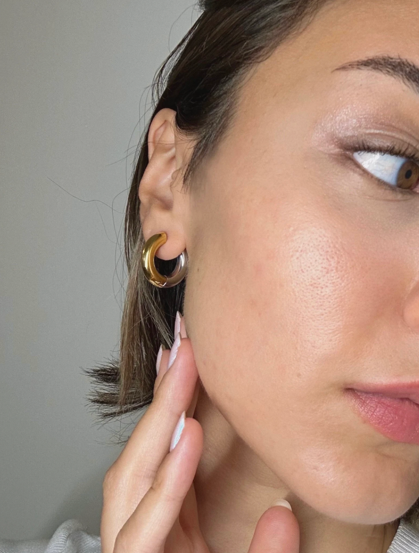 Two-tone earrings with hinge French cleat closure, showcasing a stylish design and elegant color combination.