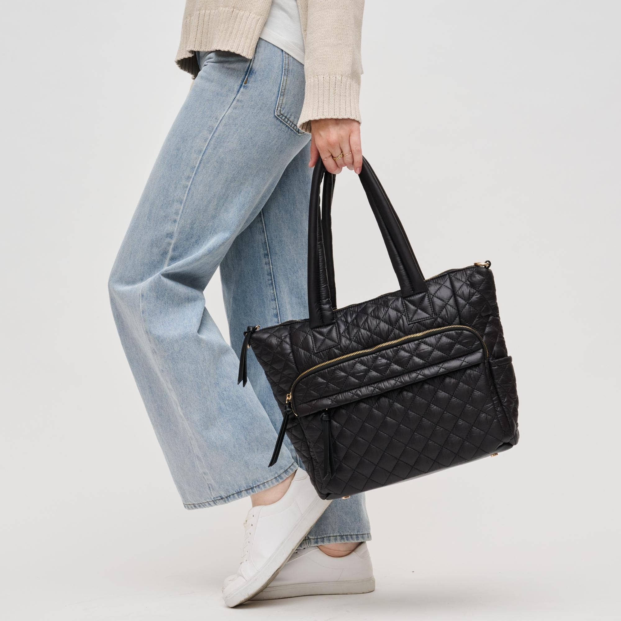 Urban Expressions Jayna quilted nylon tote in black with stylish design and spacious interior for everyday use.