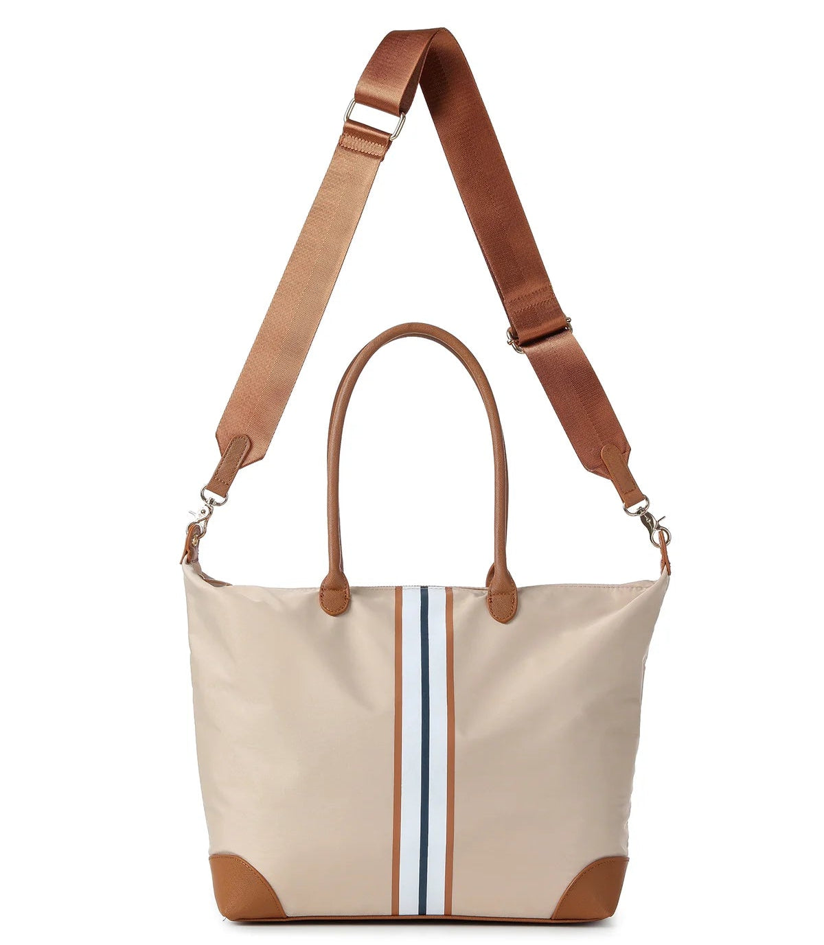 Beige tote bag with brown handles and strap on a white background