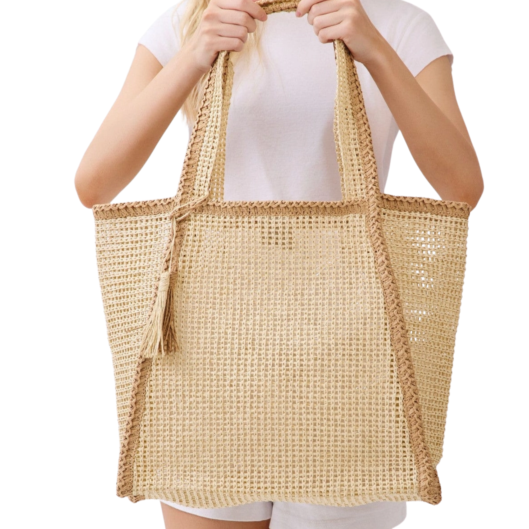 Two Tone Woven Straw Beach Tote Bag