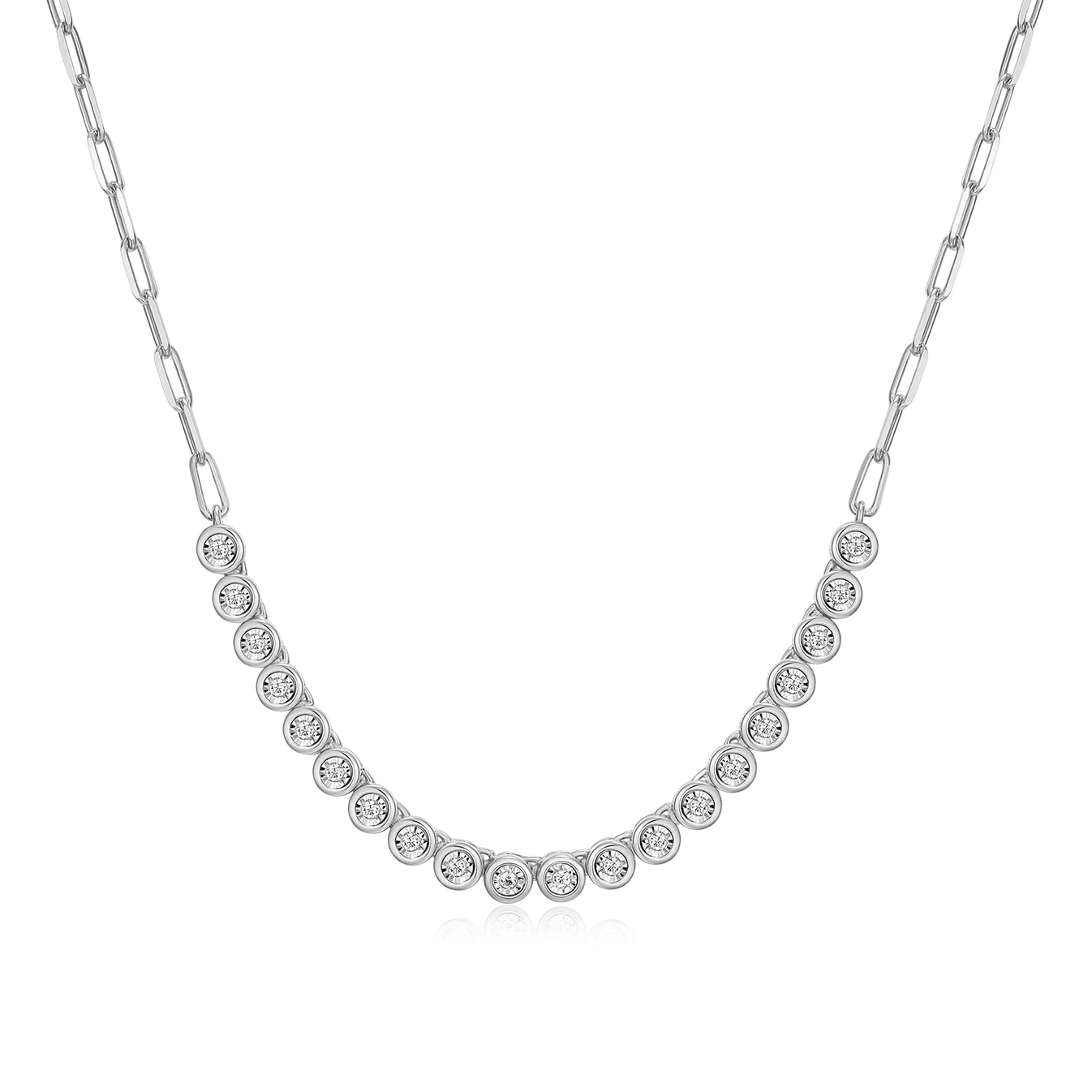 M by Monte Luna mini paperclip chain necklace with bezel-set lab-created diamond, showcasing elegant design and shine.