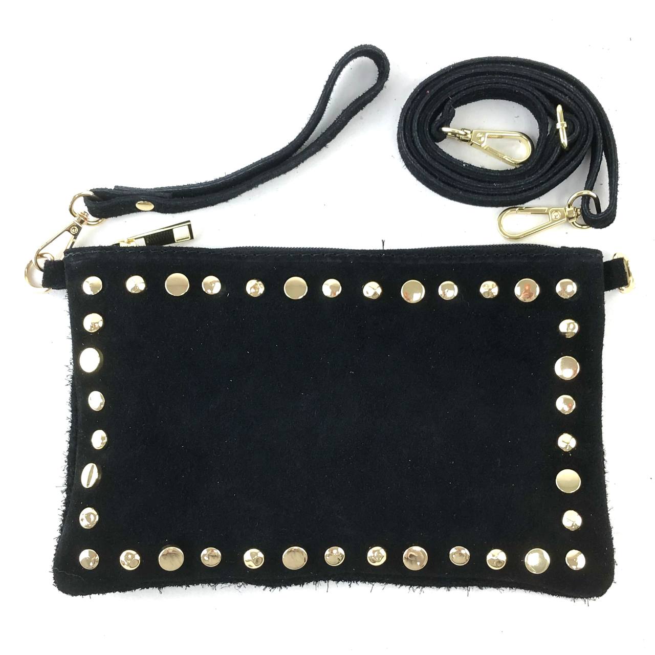 Black eco suede crossbody pouchette bag with gold studs and a matching strap by Private Label.