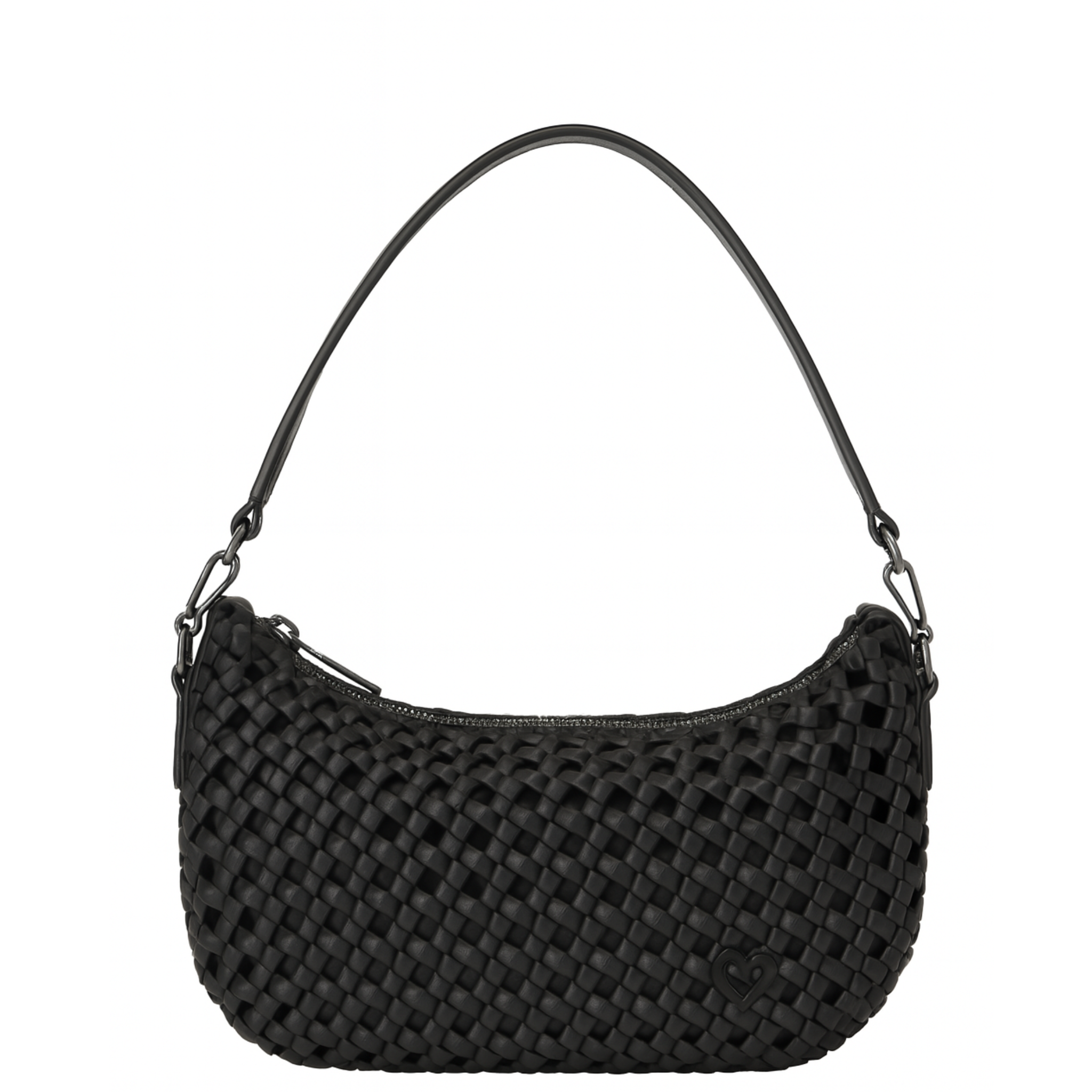 Black woven handbag on a white background