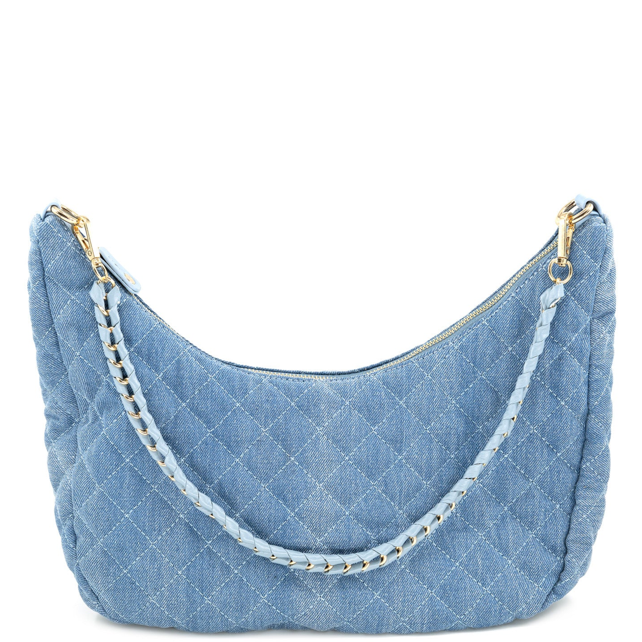 Blue denim quilted hobo crossbody bag by BC Handbags with a gold chain strap and stylish design.