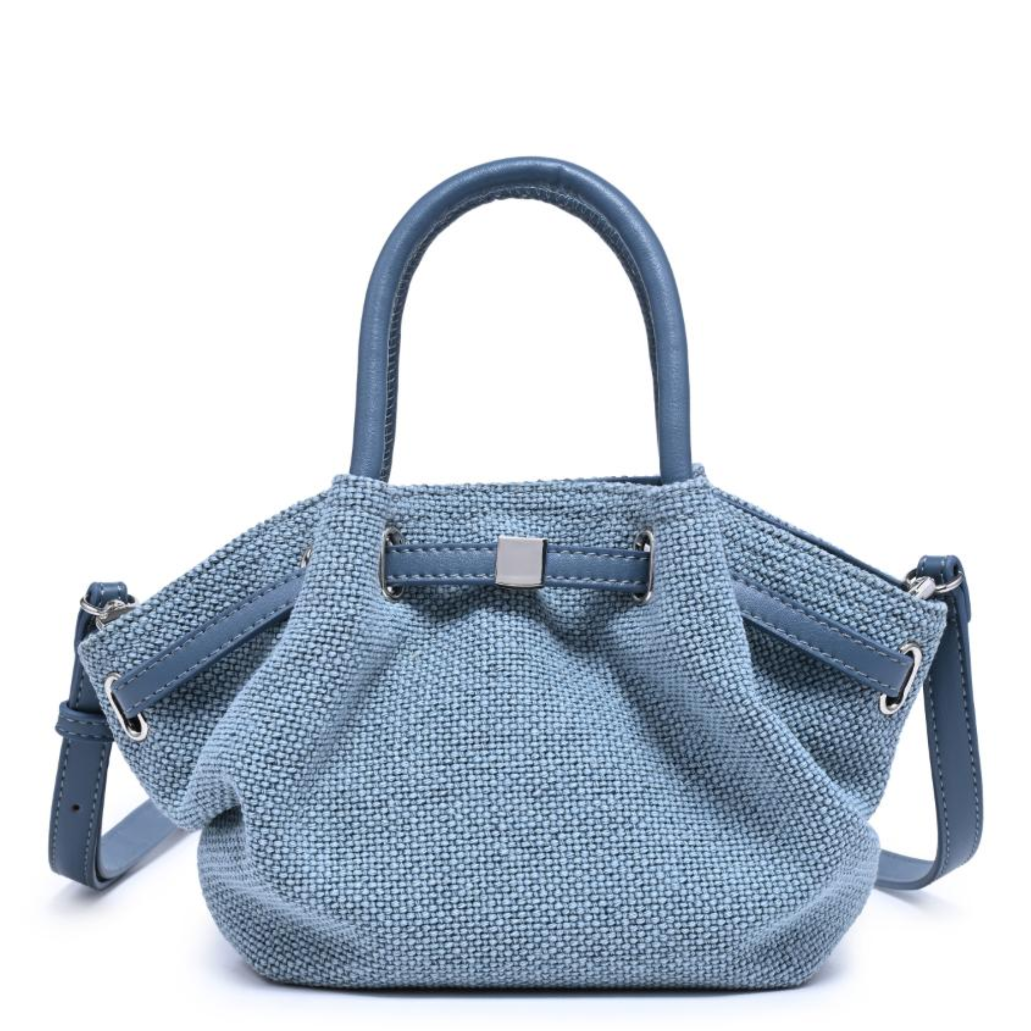 Blue textured handbag with a strap on a white background