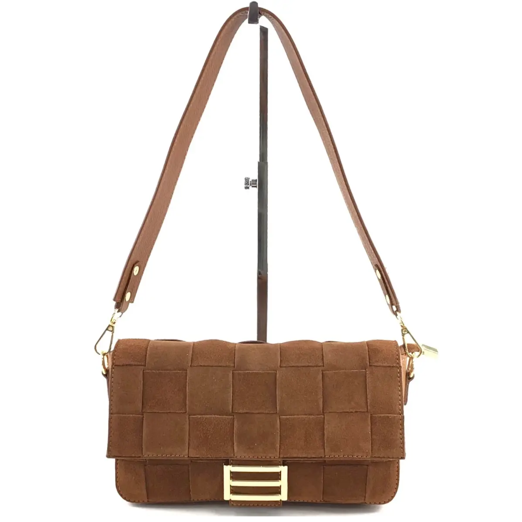 Brown woven handbag with a gold clasp on a white background