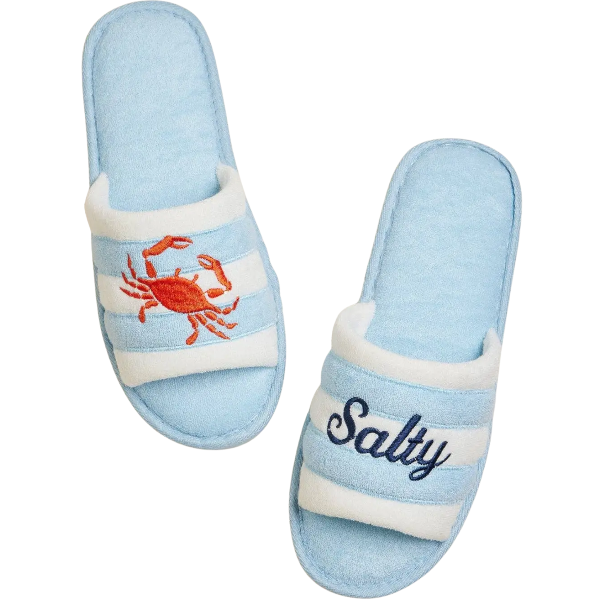Embroidered terry beach slides in soft colors, featuring a stylish design for poolside wear.