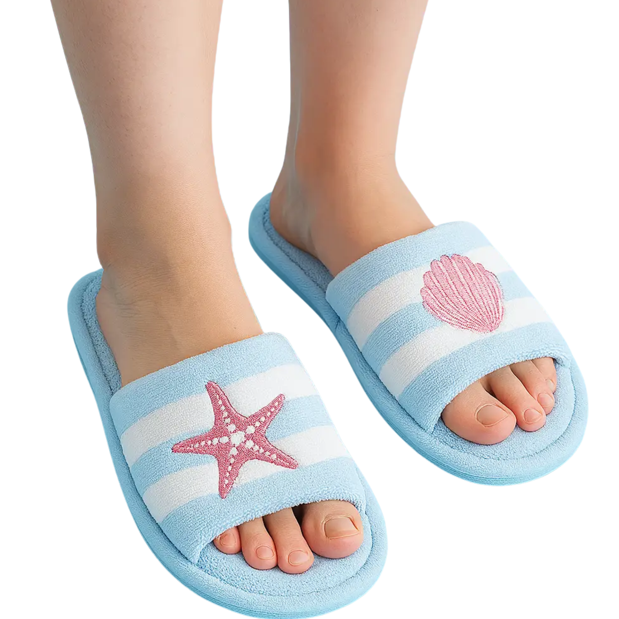 Embroidered terry poolside slides in soft colors, perfect for beach outings, featuring a comfortable slip-on design.