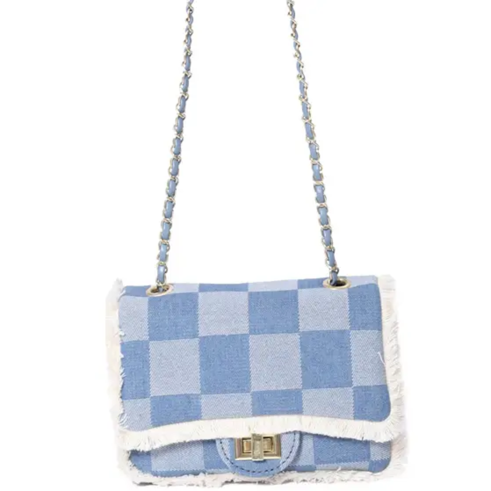 Ladies blue denim crossbody handbag with soft hoop details, perfect for casual outings and stylish everyday use.