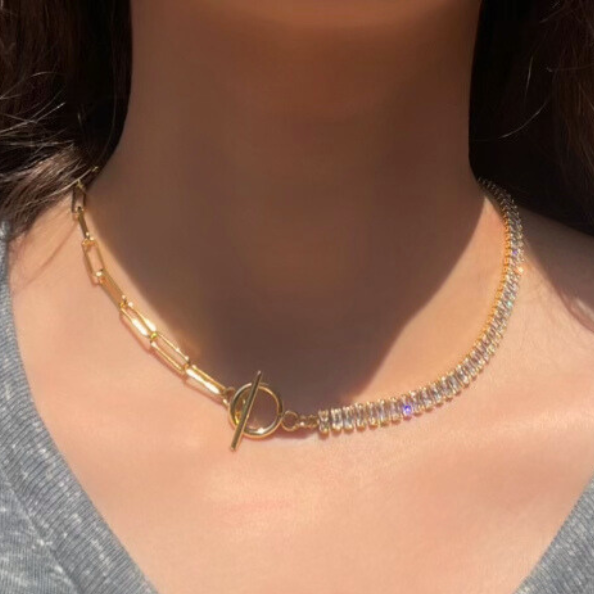 Cz Baguette and Chain Link Toggle Necklace - Let's Bag It