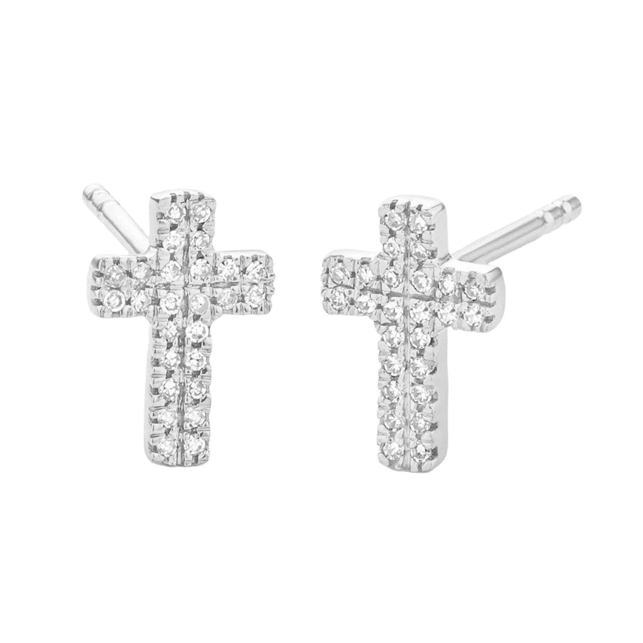 Ella Stein small cross stud earring with silver-tone finish, close-up of the cross design on a white background.