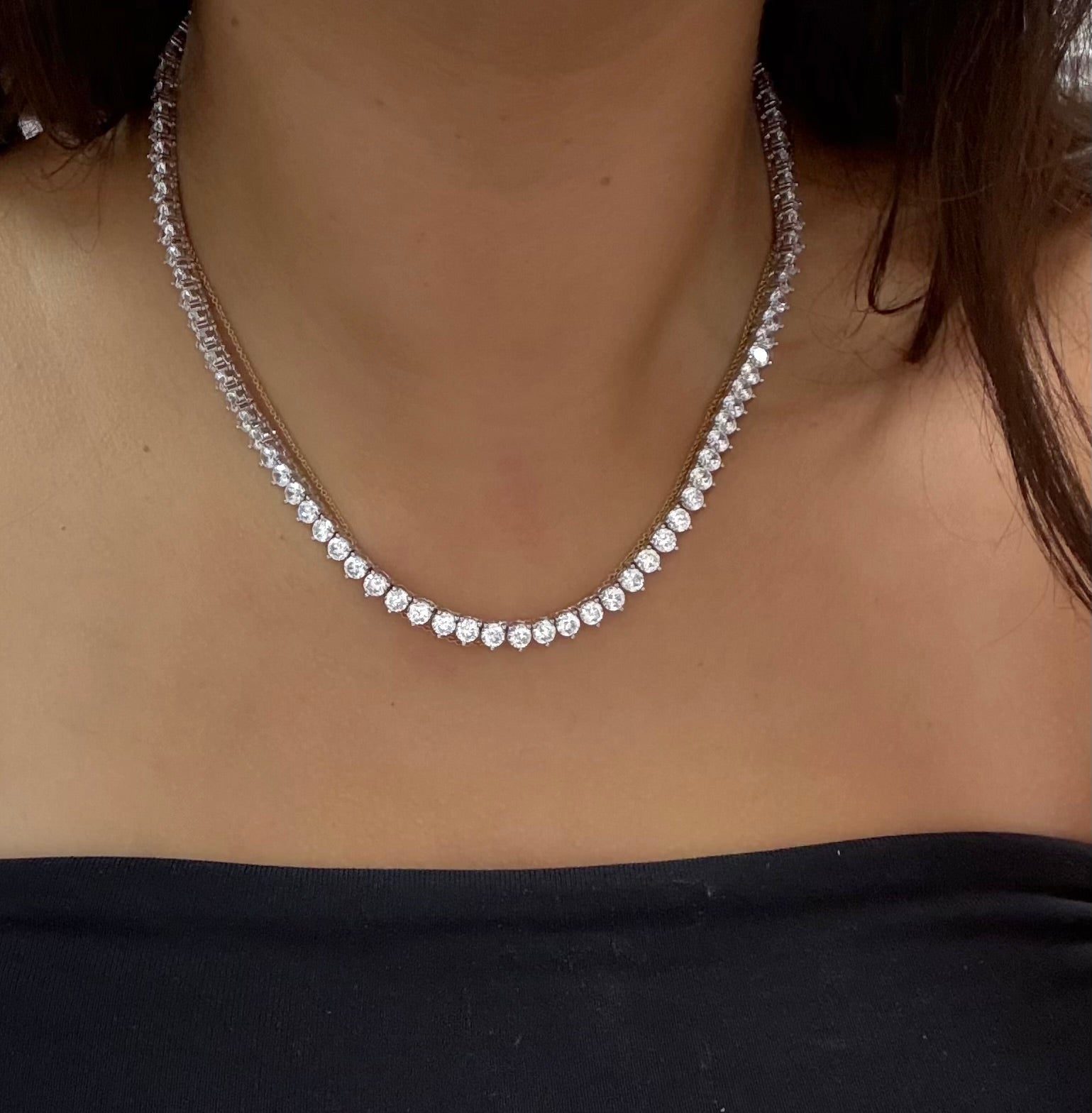 Sterling Silver Tennis Necklace 3 Prong Setting Round Stone 16"