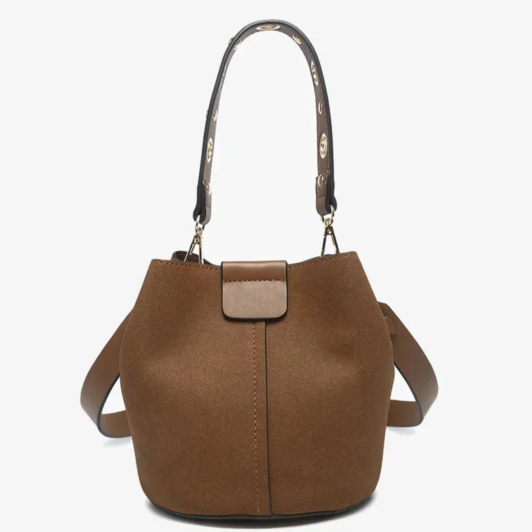 Jen & Co Farrah suede bucket handbag with top handle and inner bag, stylish and versatile for everyday use.
