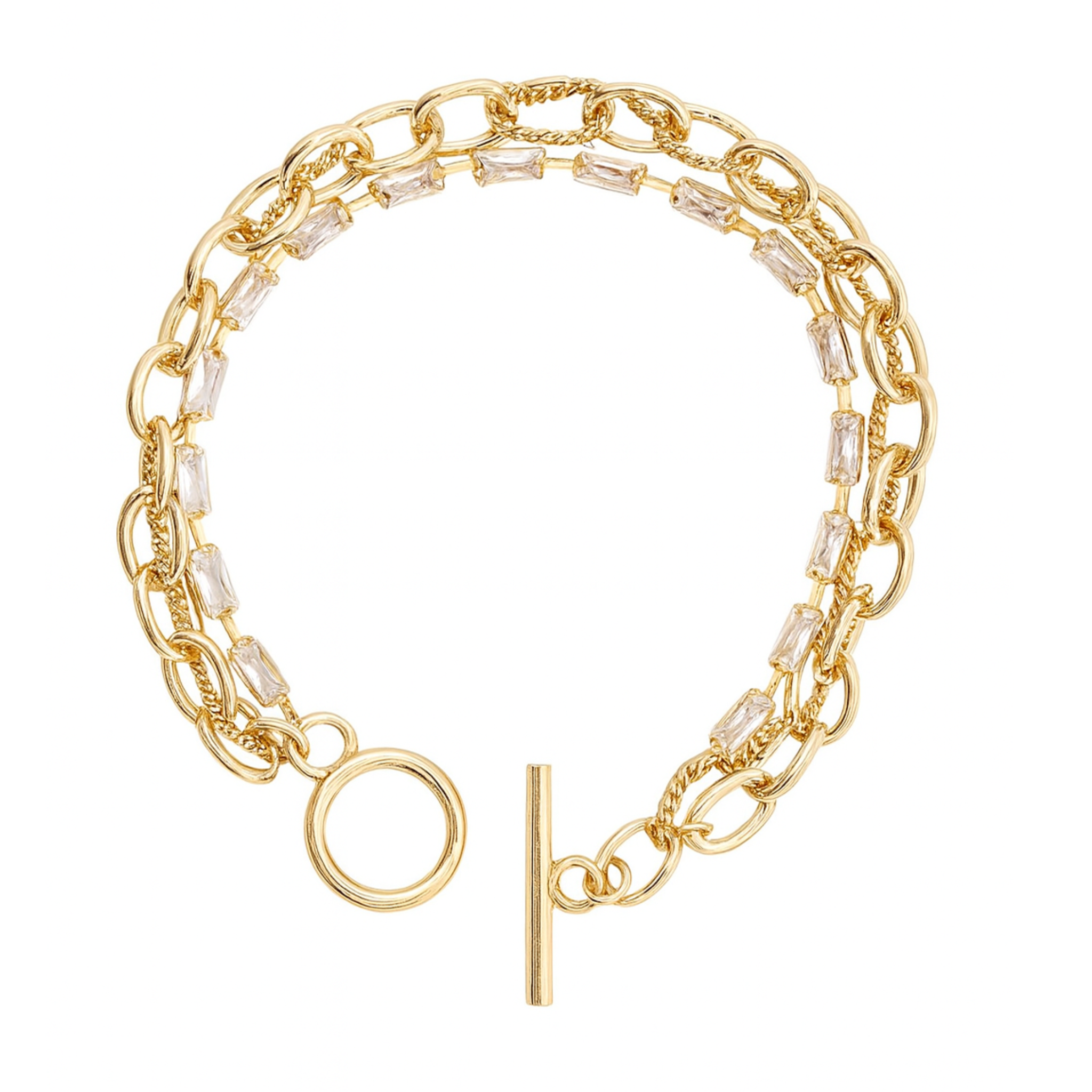 Gold multi-layer toggle bracelet with clear gemstones from Private Label Jewelry. Elegant design for any occasion.