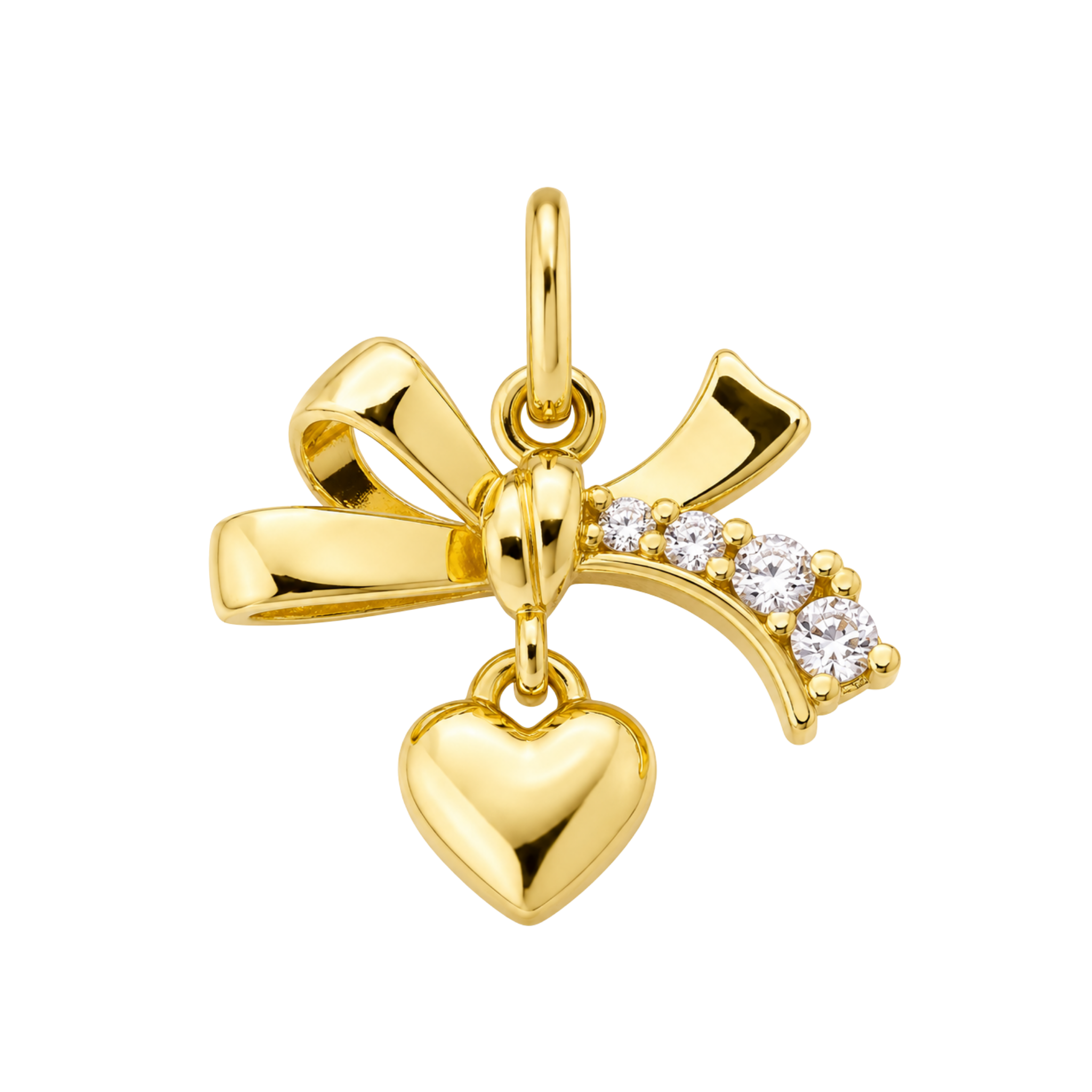 Gold Ribbon Bow Tie Heart Cz Charm