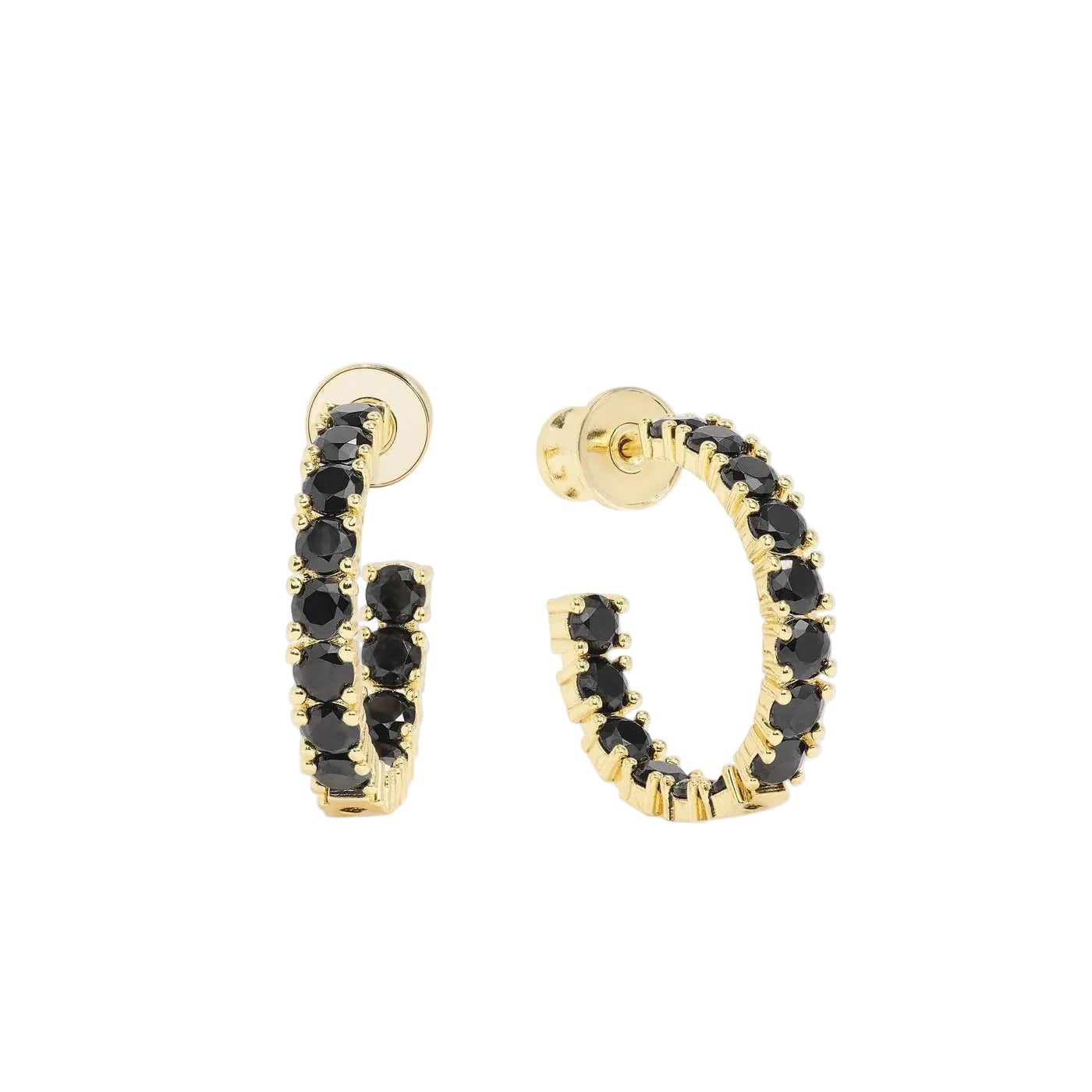 Gold hoop earrings with black diamondettes by Melinda Maria, showcasing a smooth and textured finish.