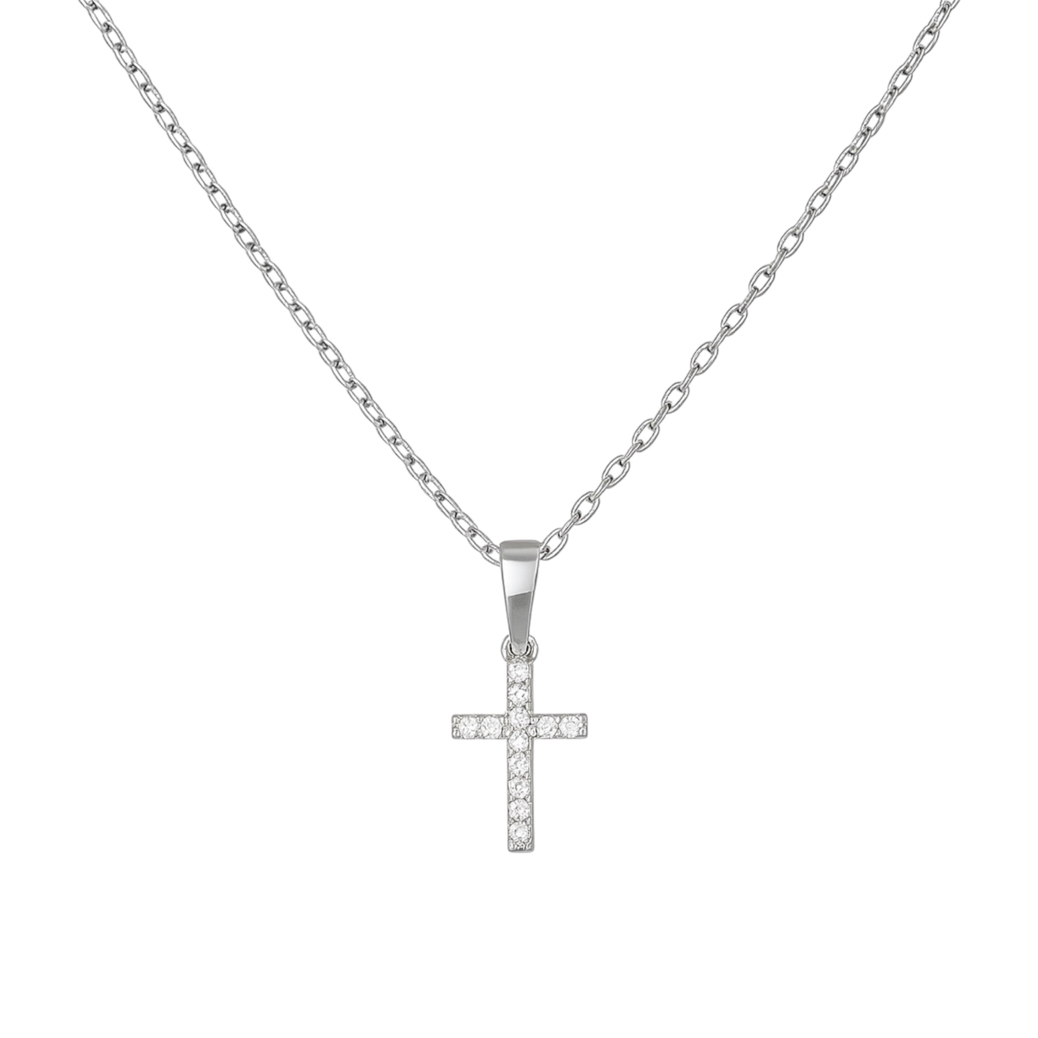Dainty sterling silver 925 cross necklace with sparkling CZ stones, designed by Private Label Jewelry.