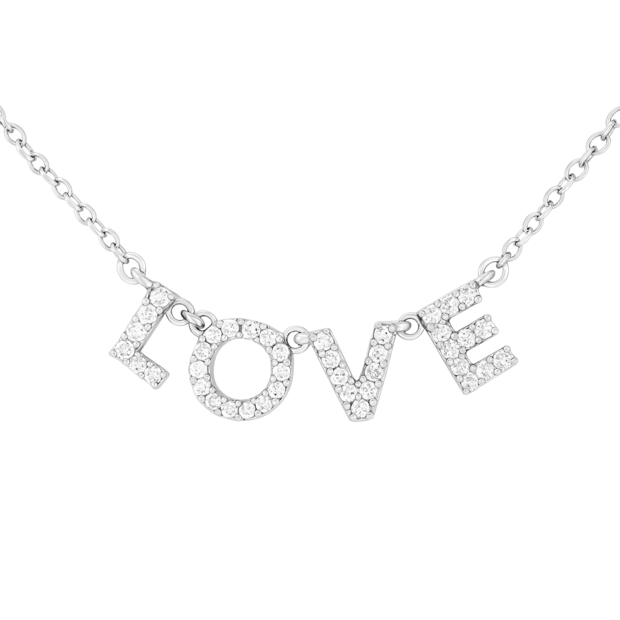Sterling silver 925 LOVE lettered necklace from Private Label Jewelry displayed on a soft fabric background.