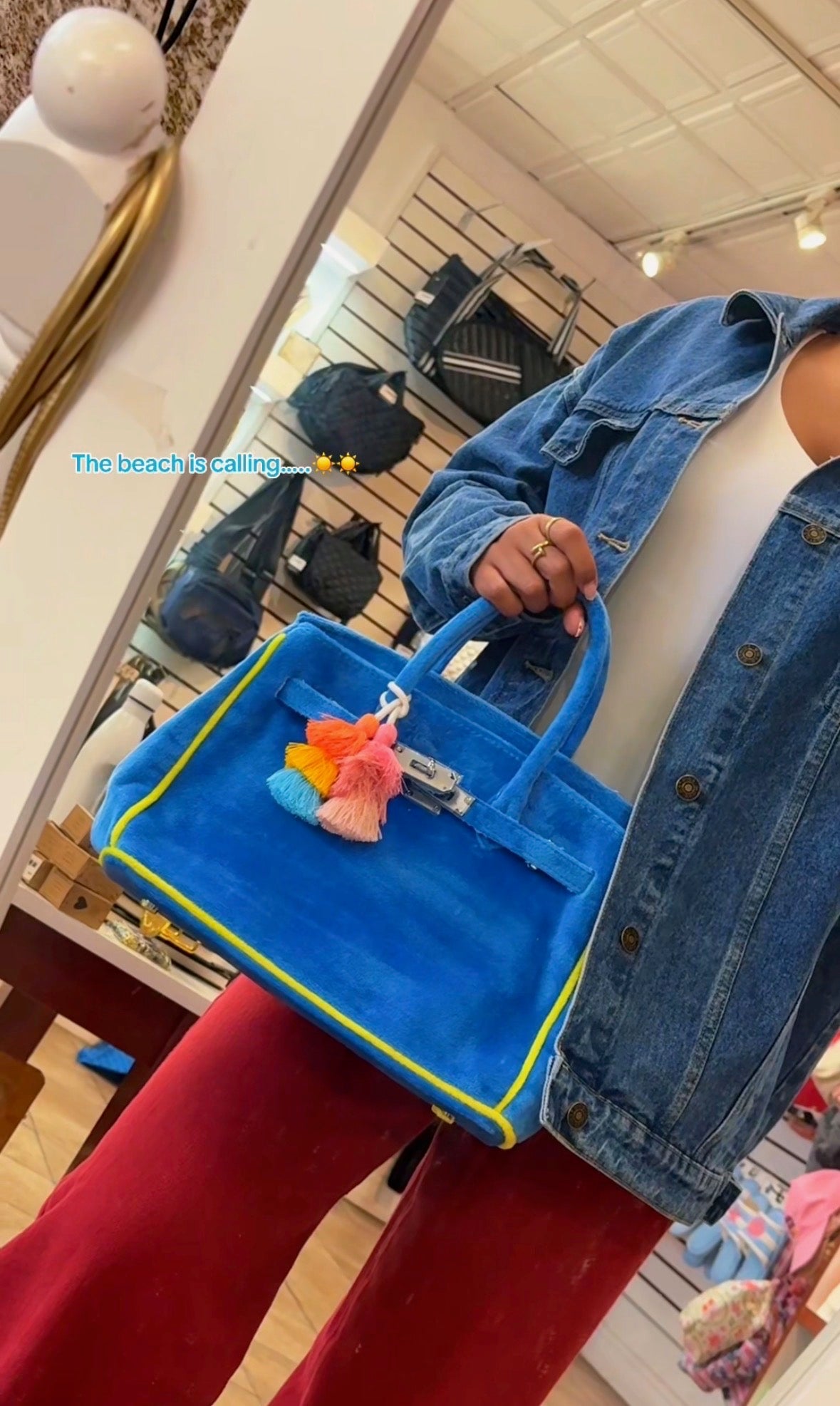 Soft terry cloth tote bag with boat print, private label brand, featuring sturdy handles and spacious interior for daily use.