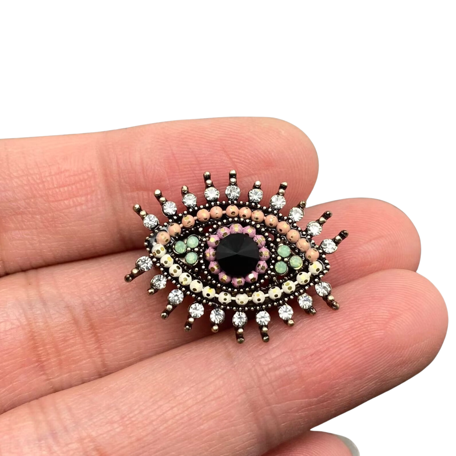 Sparkling CZ evil eye vintage brooch with intricate design and silver-tone finish, perfect for adding a touch of elegance.