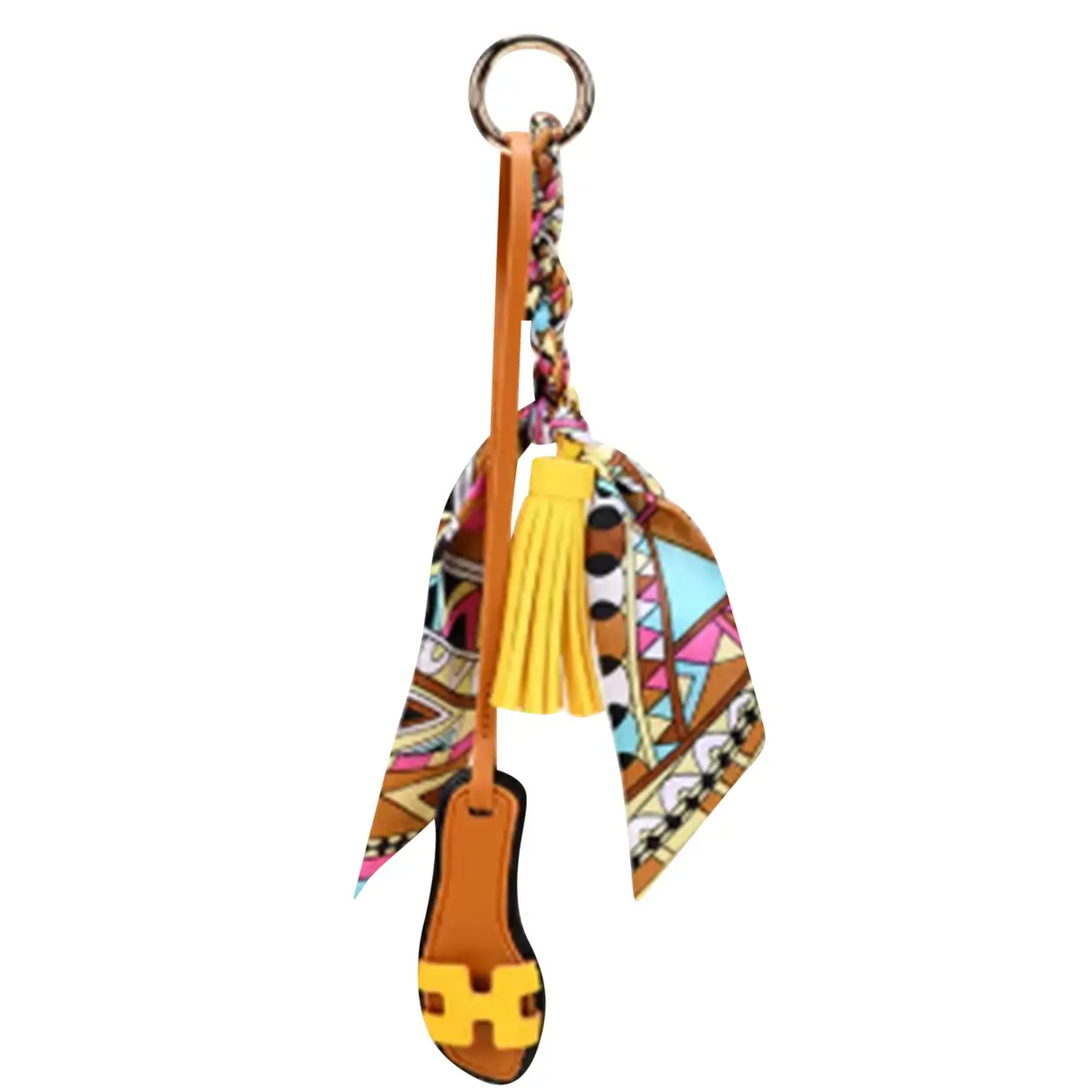 Malibu Sugar sandal with a scarf bag charm featuring colorful fabric and decorative accents, attached to the sandal strap.