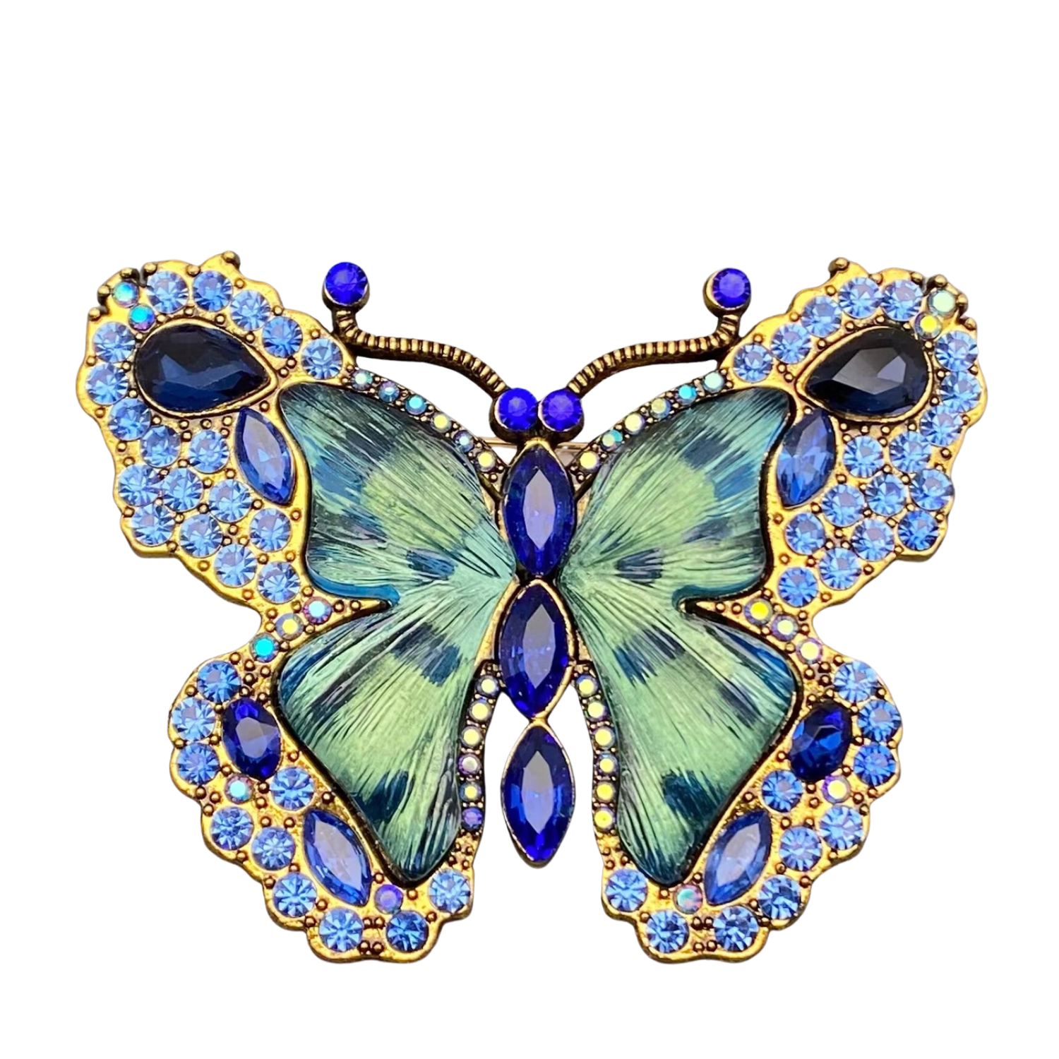 Large glass and rhinestone butterfly brooch pin with intricate details, perfect for elegant accessories and fashion embellishments.