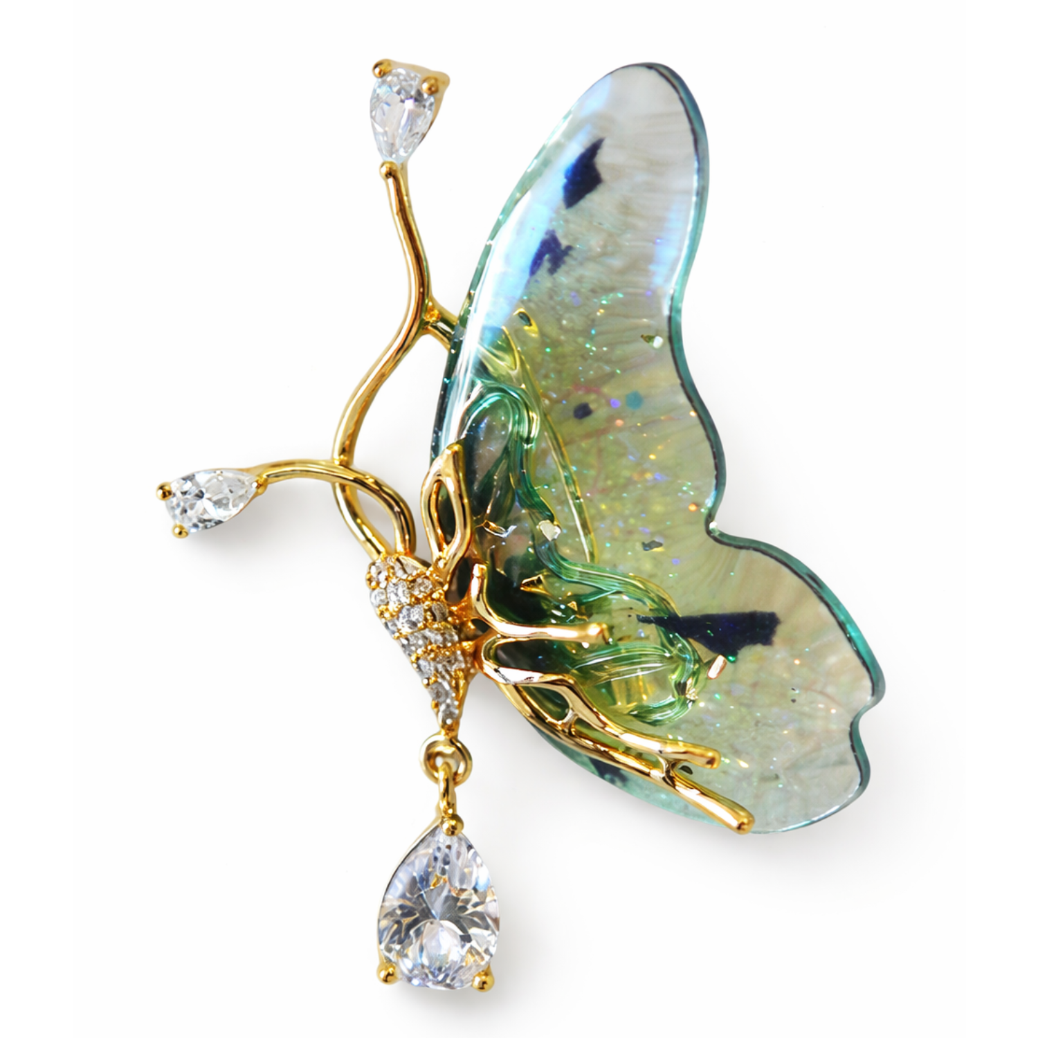 Silver Enchanted Wing Brooch by Private Label, detailed metal wing design with sparkling accents on a plain background.