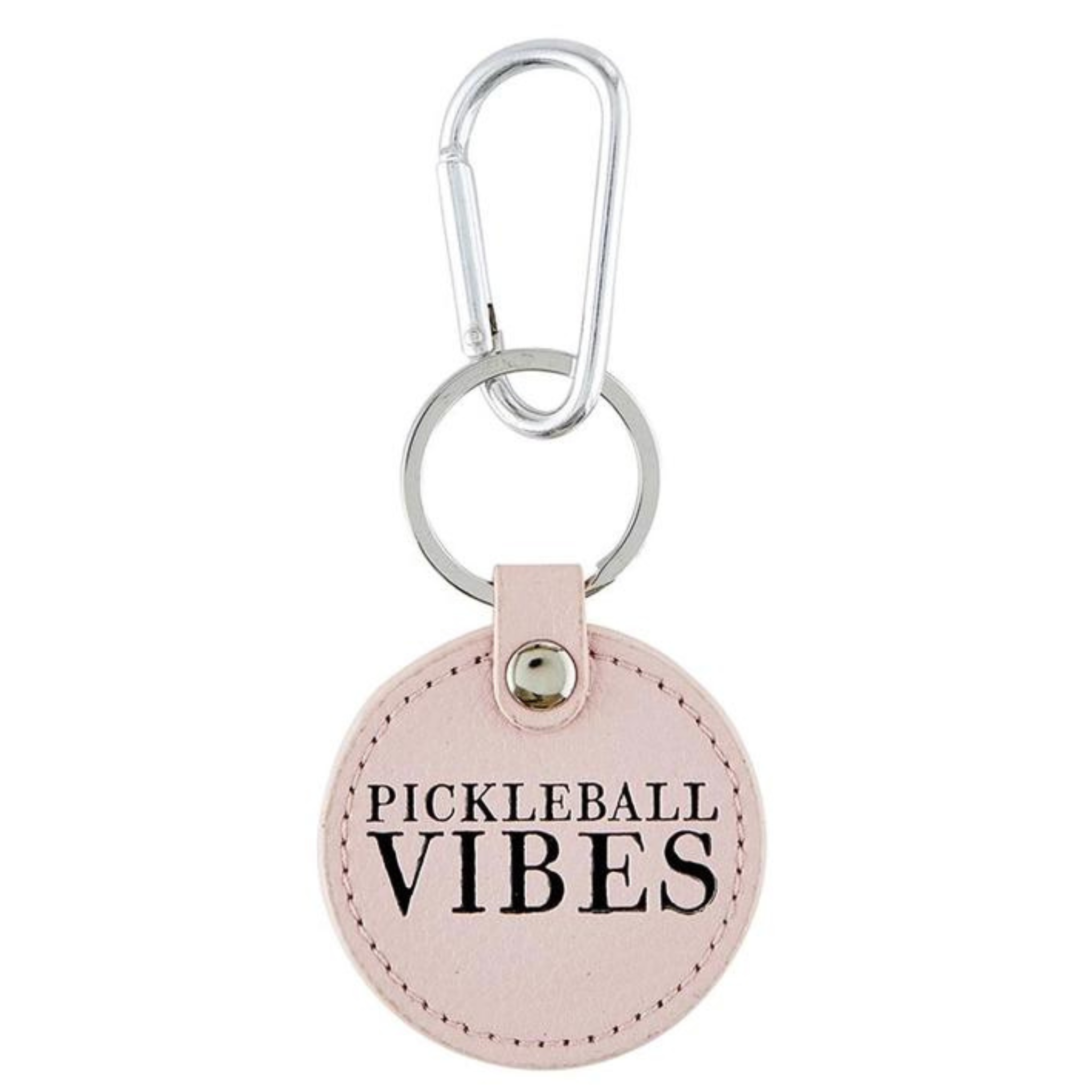 Round leather keychain featuring "Pickleball Vibes" design by Santa Barbara Design Studio, perfect for pickleball enthusiasts.
