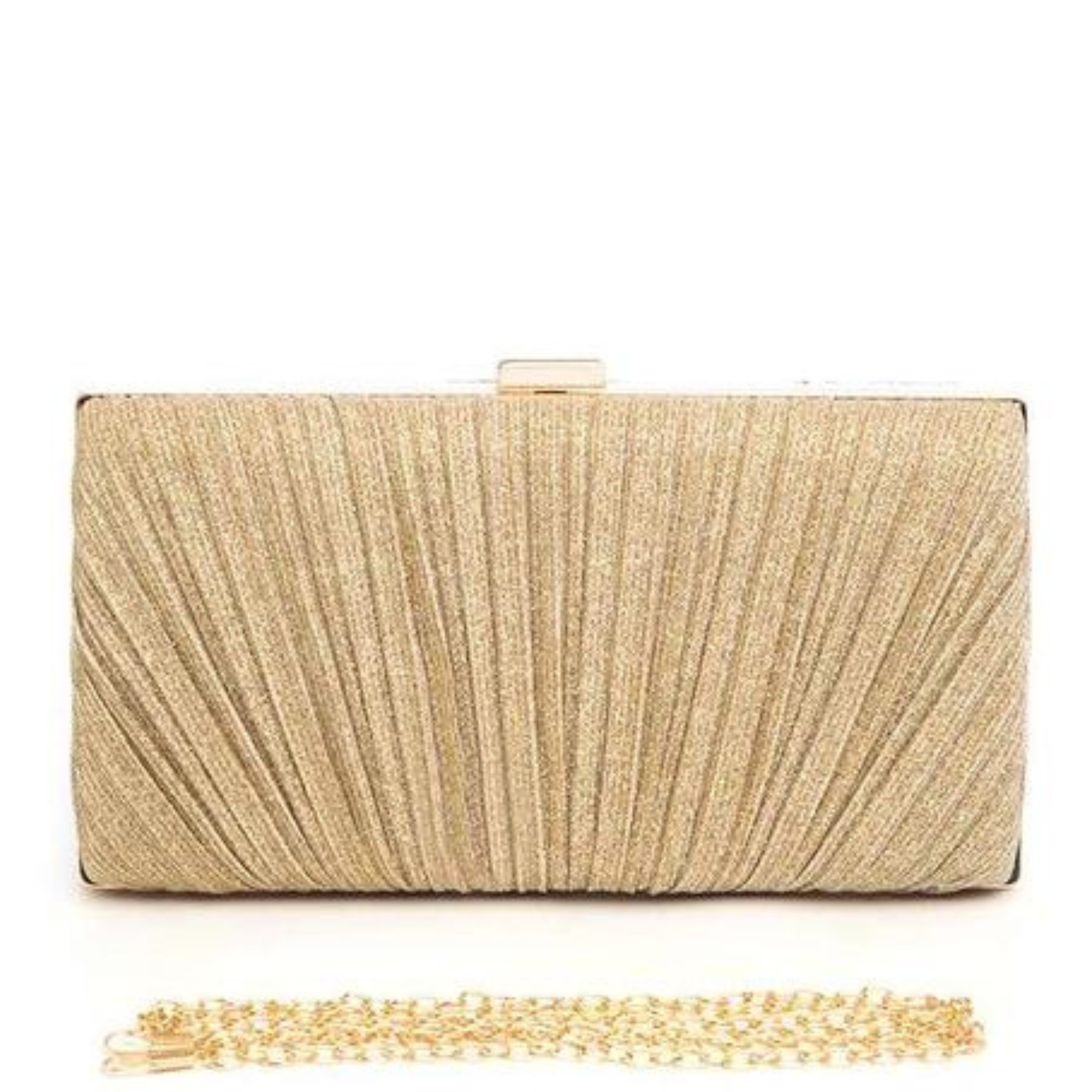 Metallic pleated party box clutch in silver, featuring a stylish design perfect for evening events and special occasions.