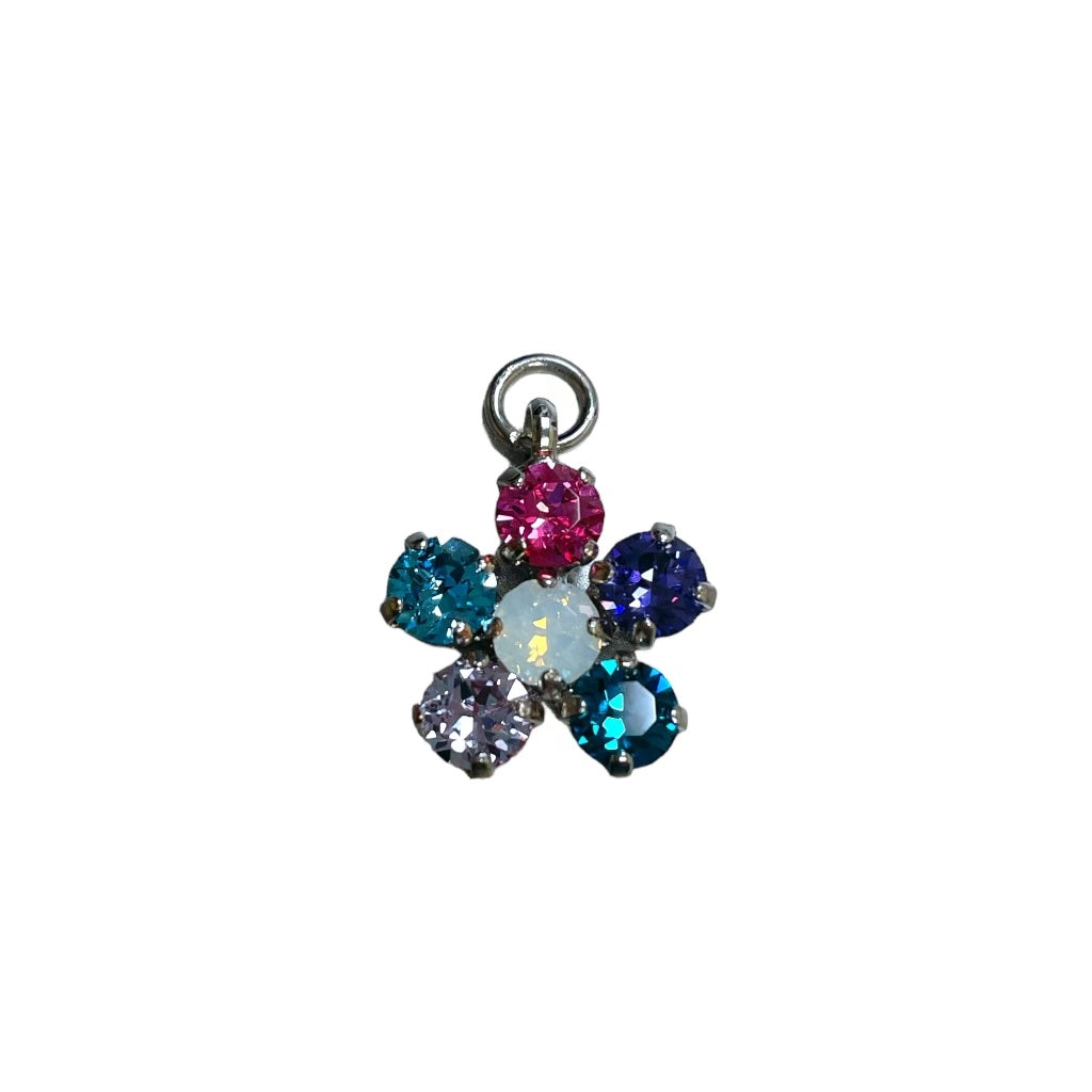 Crystal flower charms for hoops and necklaces, featuring vibrant colors and intricate petal details on a white background.