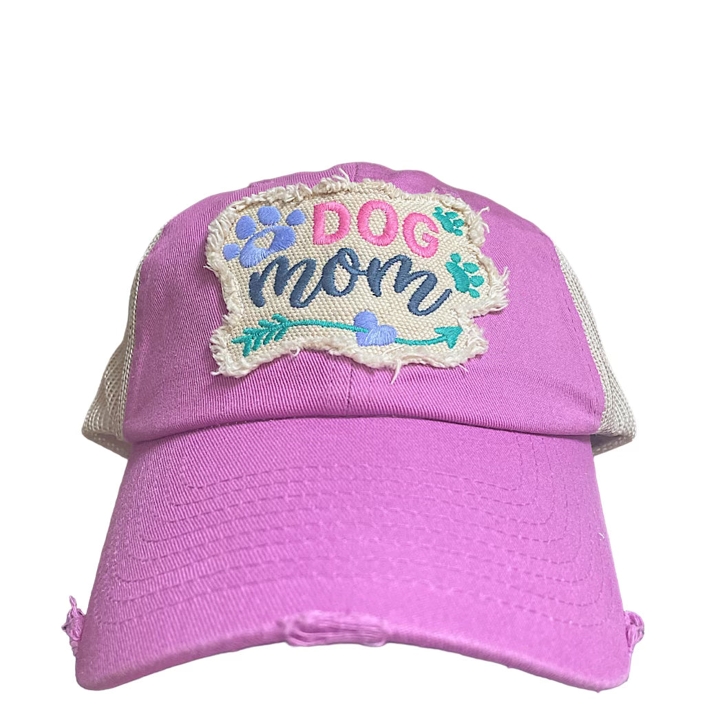 Black dog mom hat with white lettering, featuring an adjustable strap for a comfortable fit.