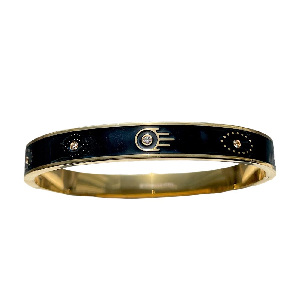 Stainless steel Hamsa and evil eye bangle bracelet with intricate designs, symbolizing protection and good luck.