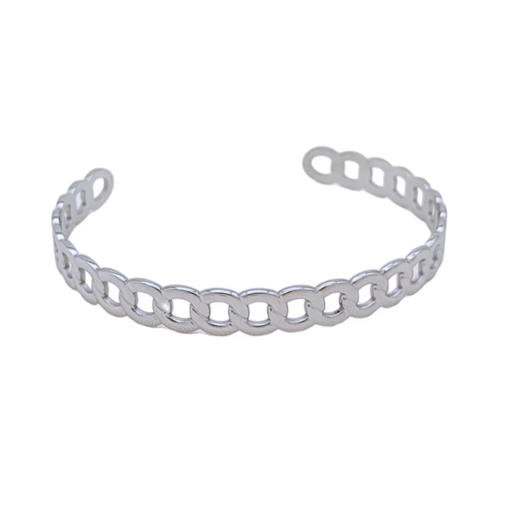 Stainless steel chain link bangle bracelet with a polished finish, designed for stylish and durable jewelry.