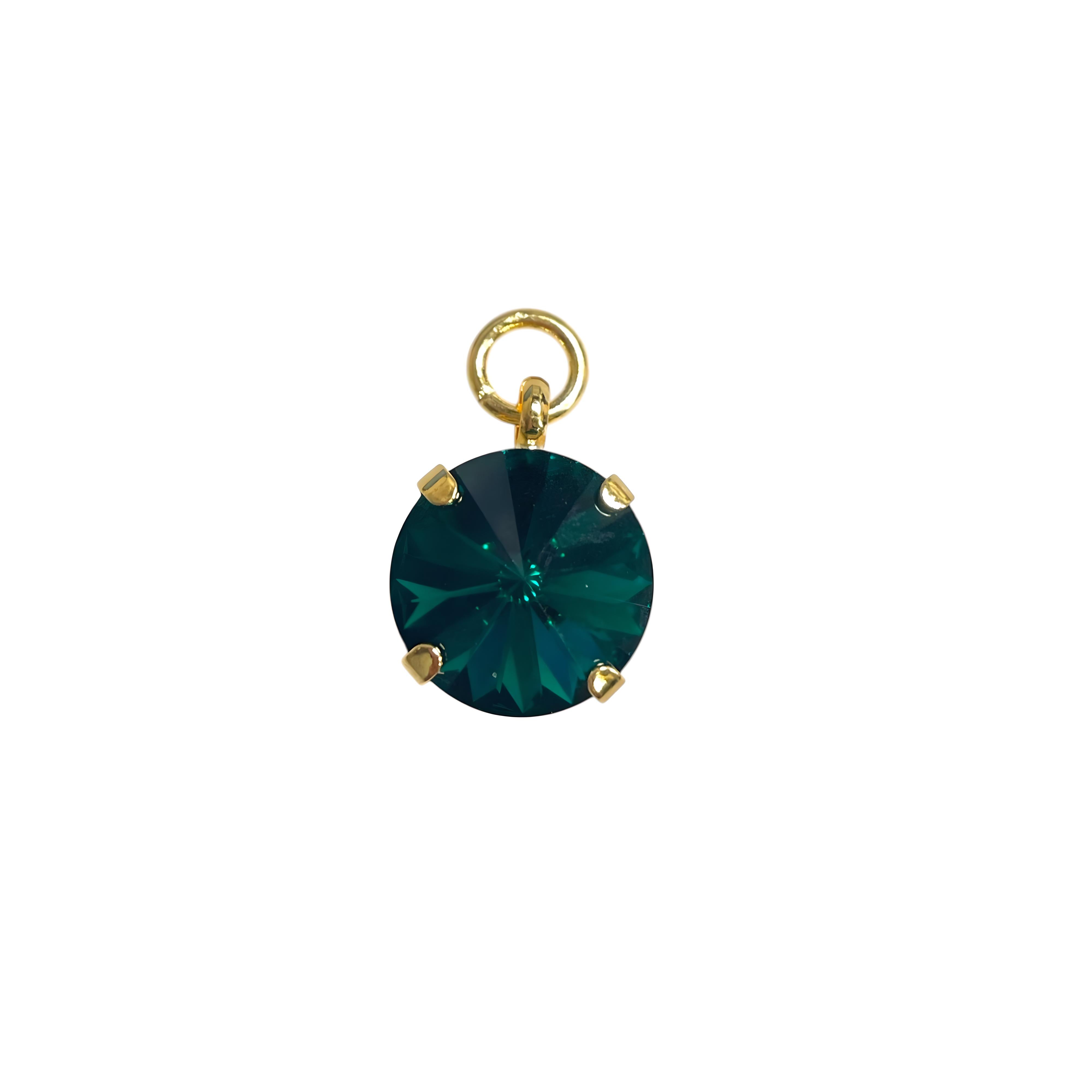 12mm emerald Swarovski crystal charm with a brilliant shine, showcasing its rich green color and faceted design.