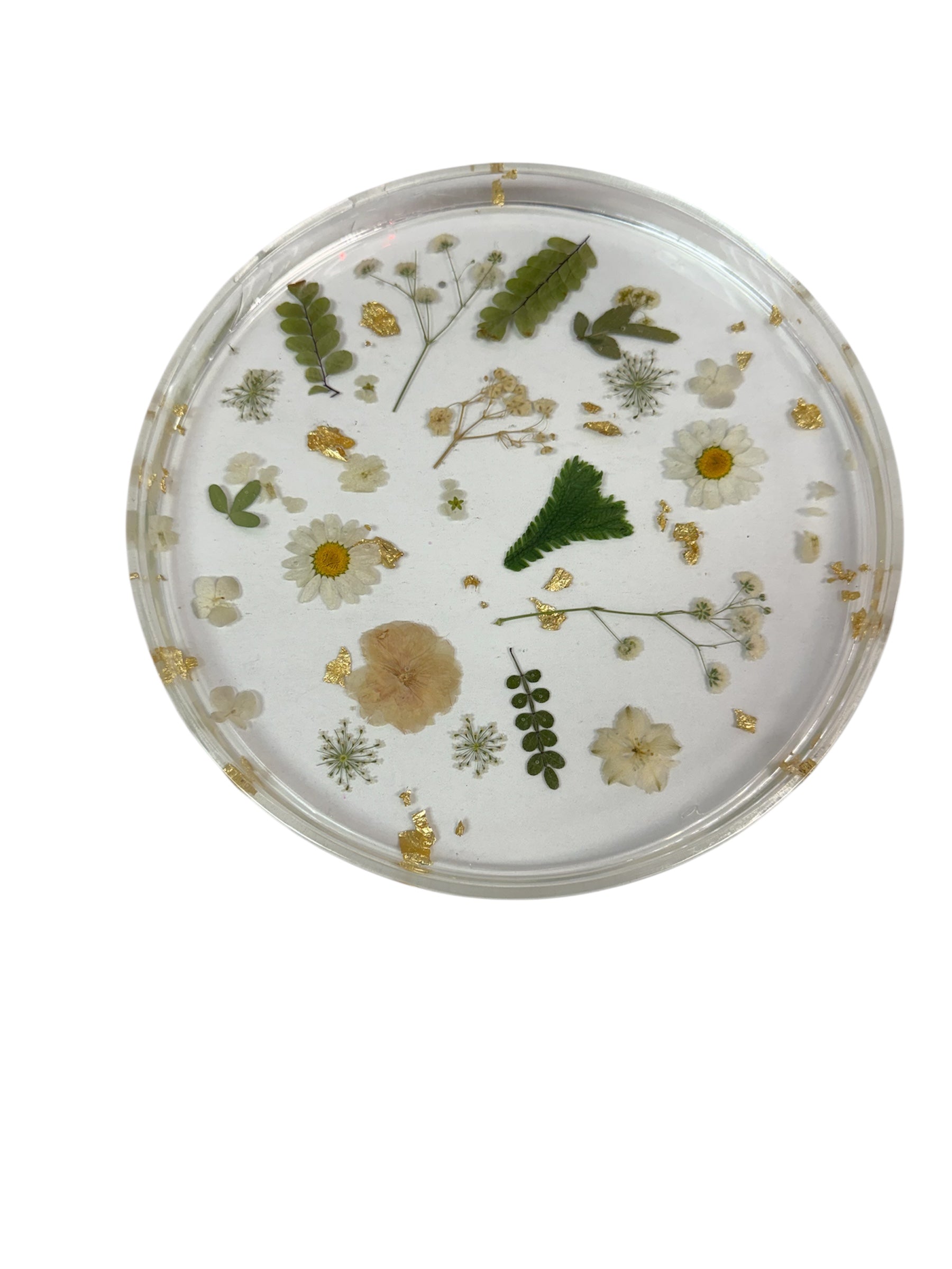 Large round serving tray with clear base and white flower design by kraftz by kenzie, perfect for entertaining or decor.