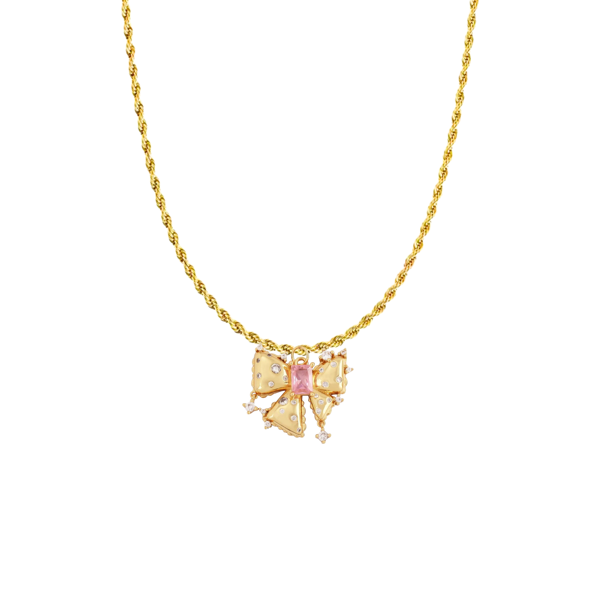 Pink pave bow charm for charm bar and necklace by Savvy Bling, featuring sparkling pink stones and a delicate bow design.